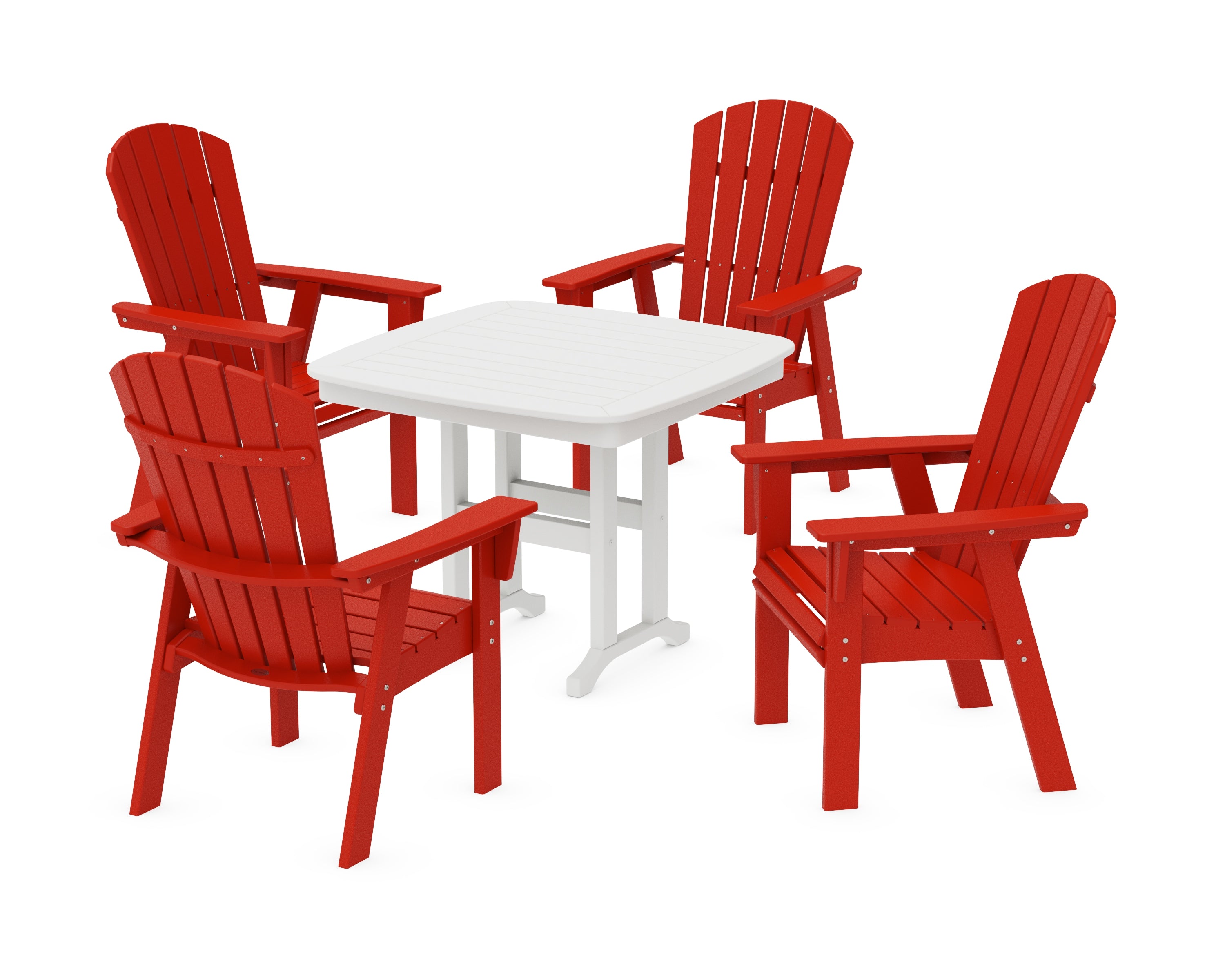 POLYWOOD® Nautical Curveback Adirondack 5-Piece Dining Set in Sunset Red / White