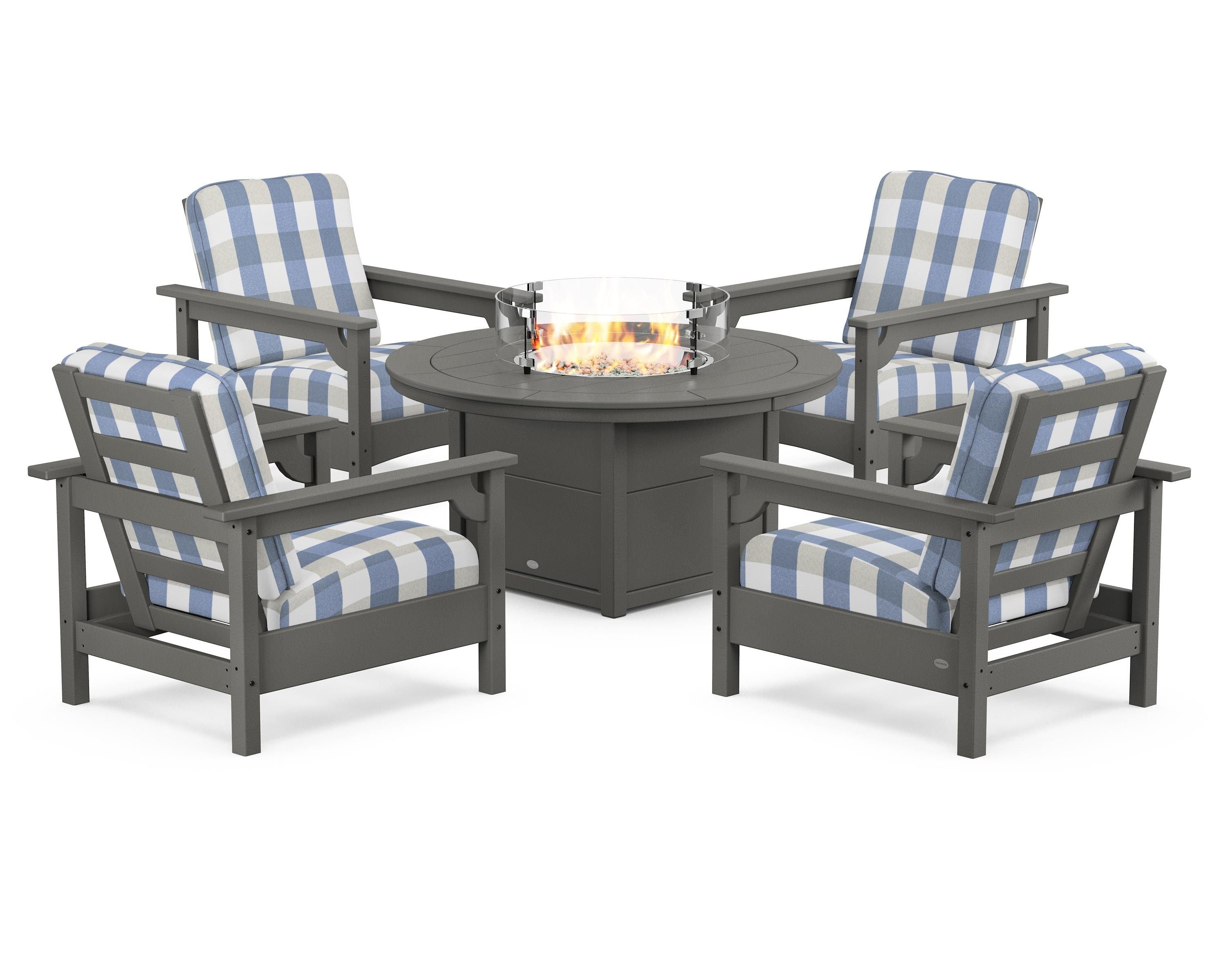 POLYWOOD® Club 5-Piece Conversation Set with Fire Pit Table in Slate Grey / Buffalo Plaid Sky Blue