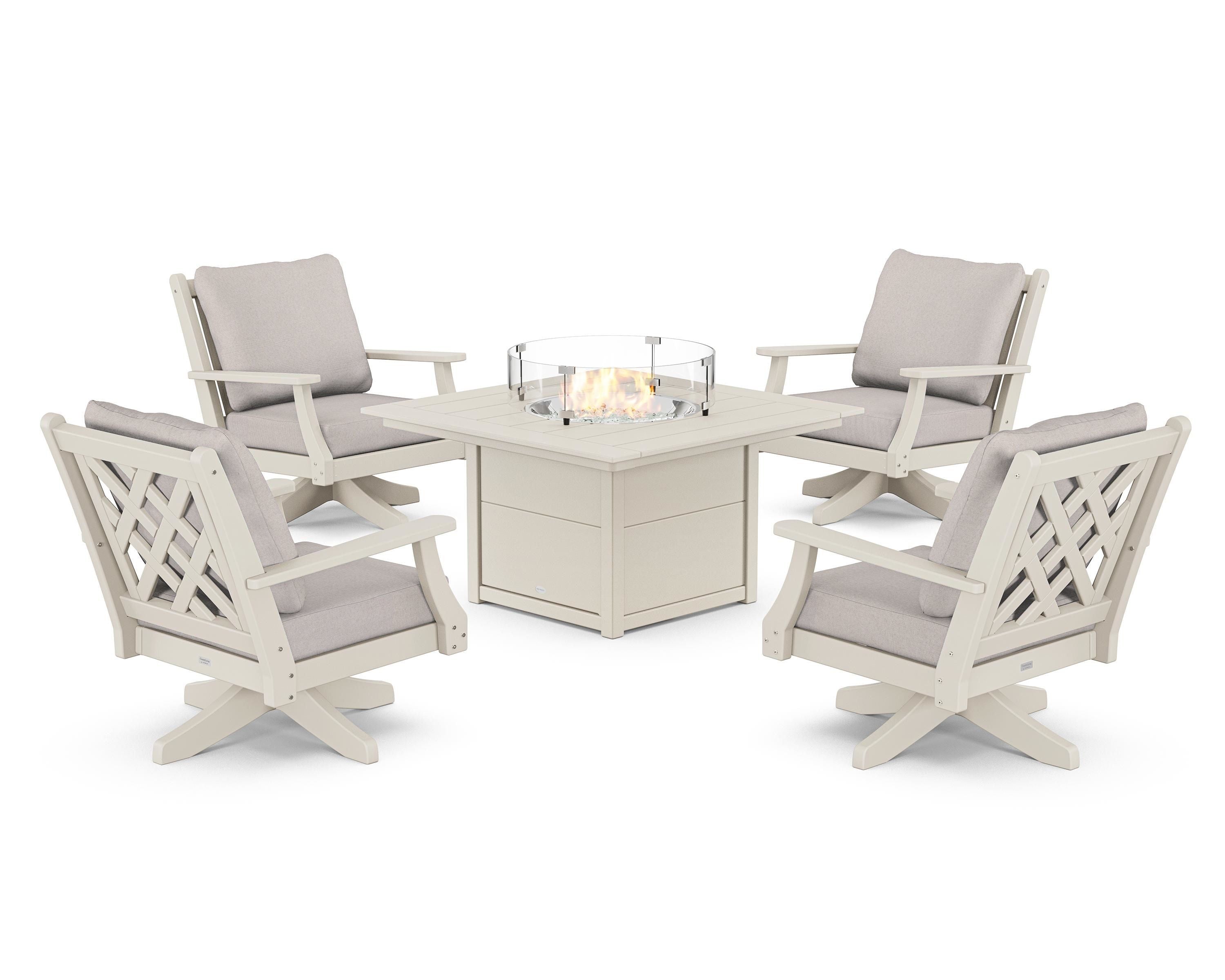 Country Living Wovendale 5-Piece Deep Seating Swivel Conversation Set with Fire Pit Table in Sand / Dune Burlap