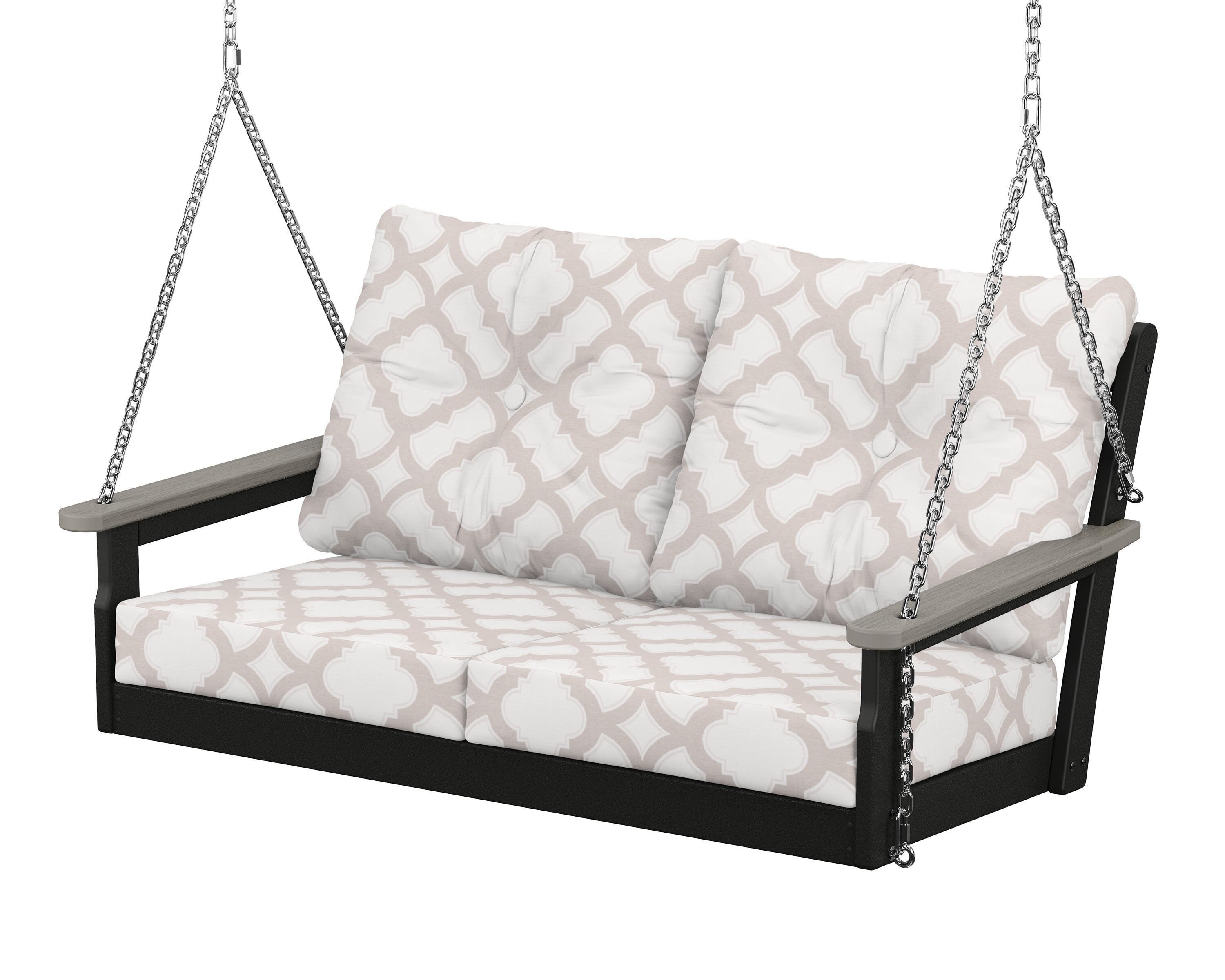 POLYWOOD® Vineyard Deep Seating Swing in Black / Driftwood / Trellis Dune Burlap