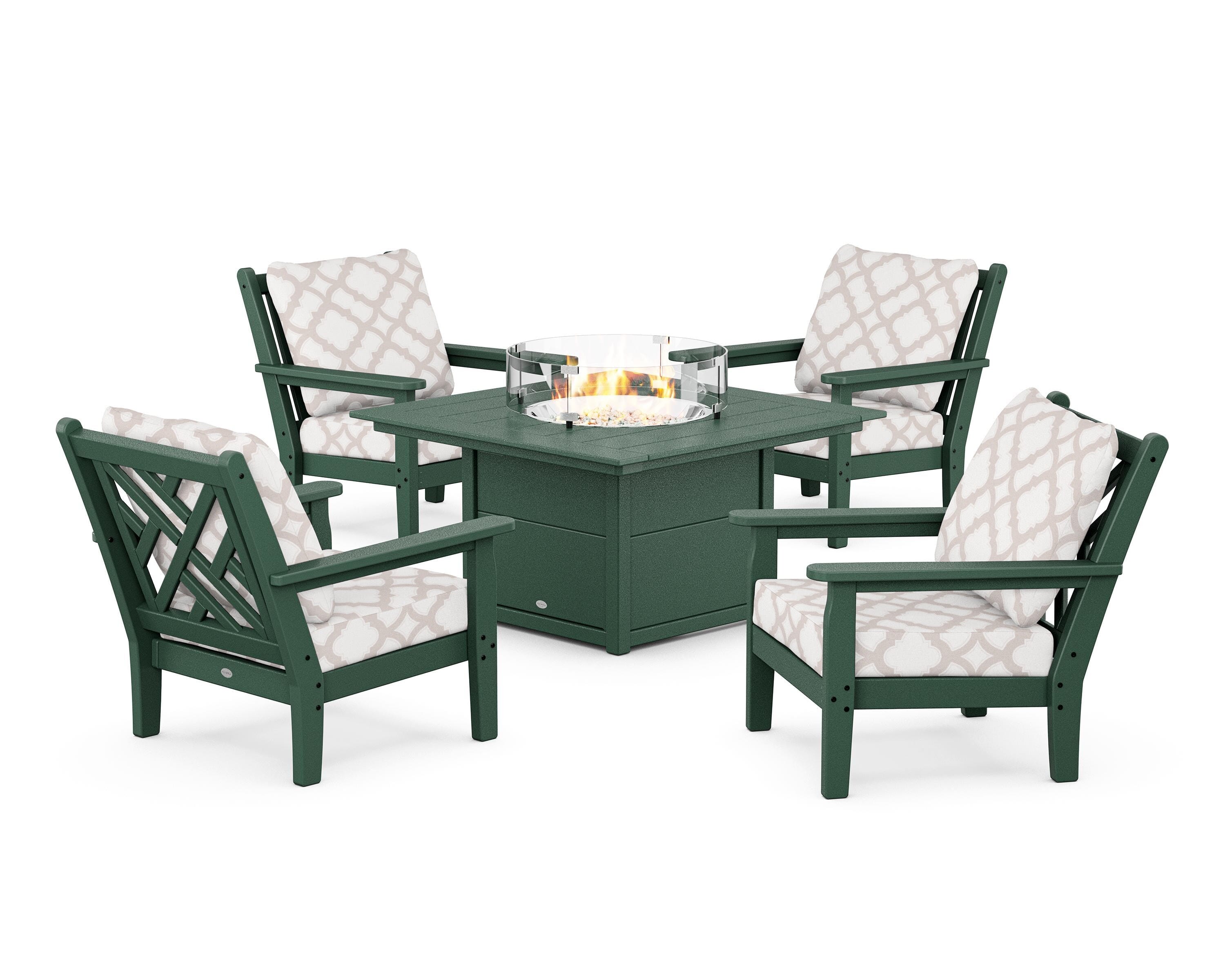POLYWOOD® Chippendale 5-Piece Deep Seating Set with Fire Pit Table in Green / Trellis Dune Burlap