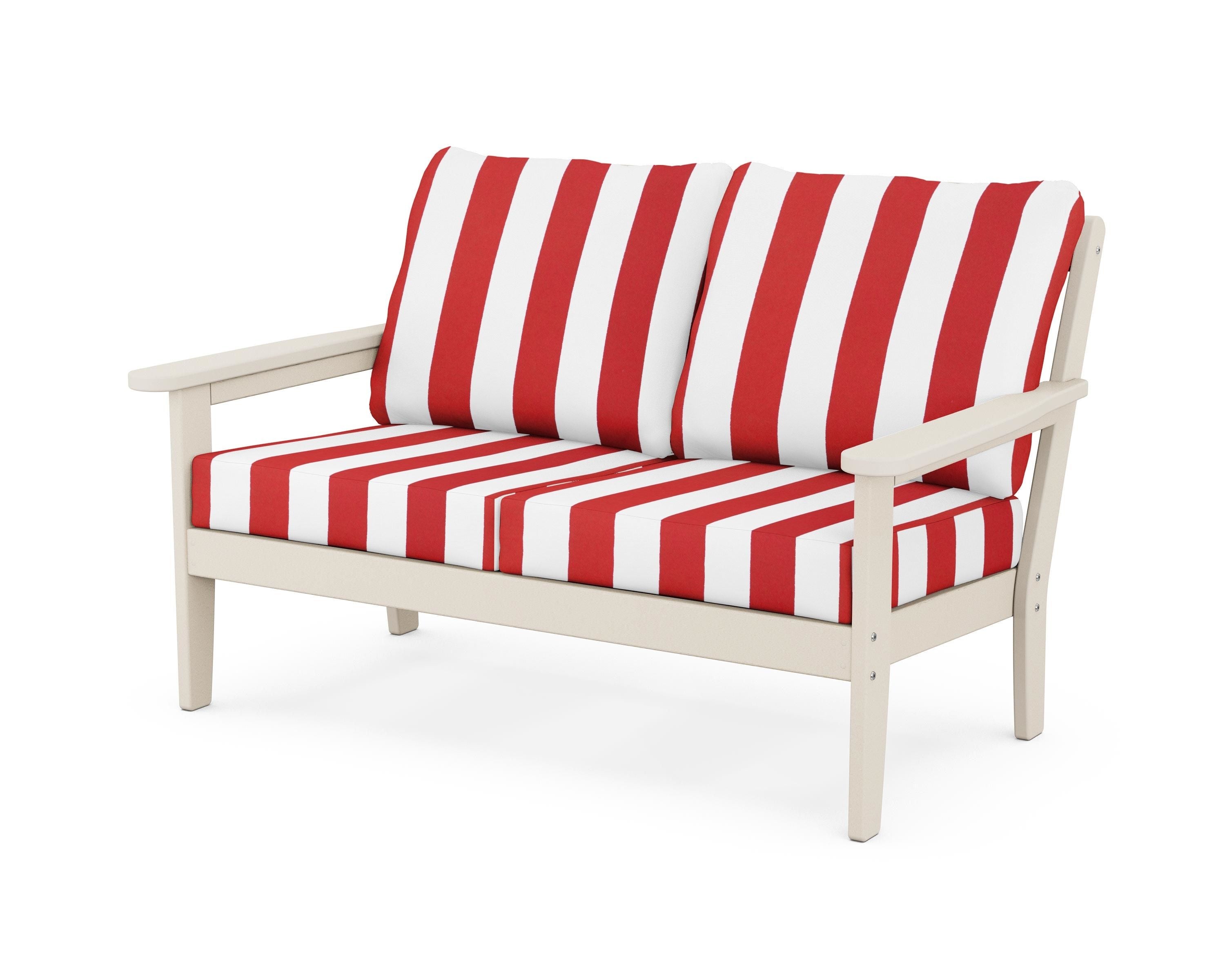 Country Living Cottage Deep Seating Loveseat in Sand / Cabana Stripe Crimson