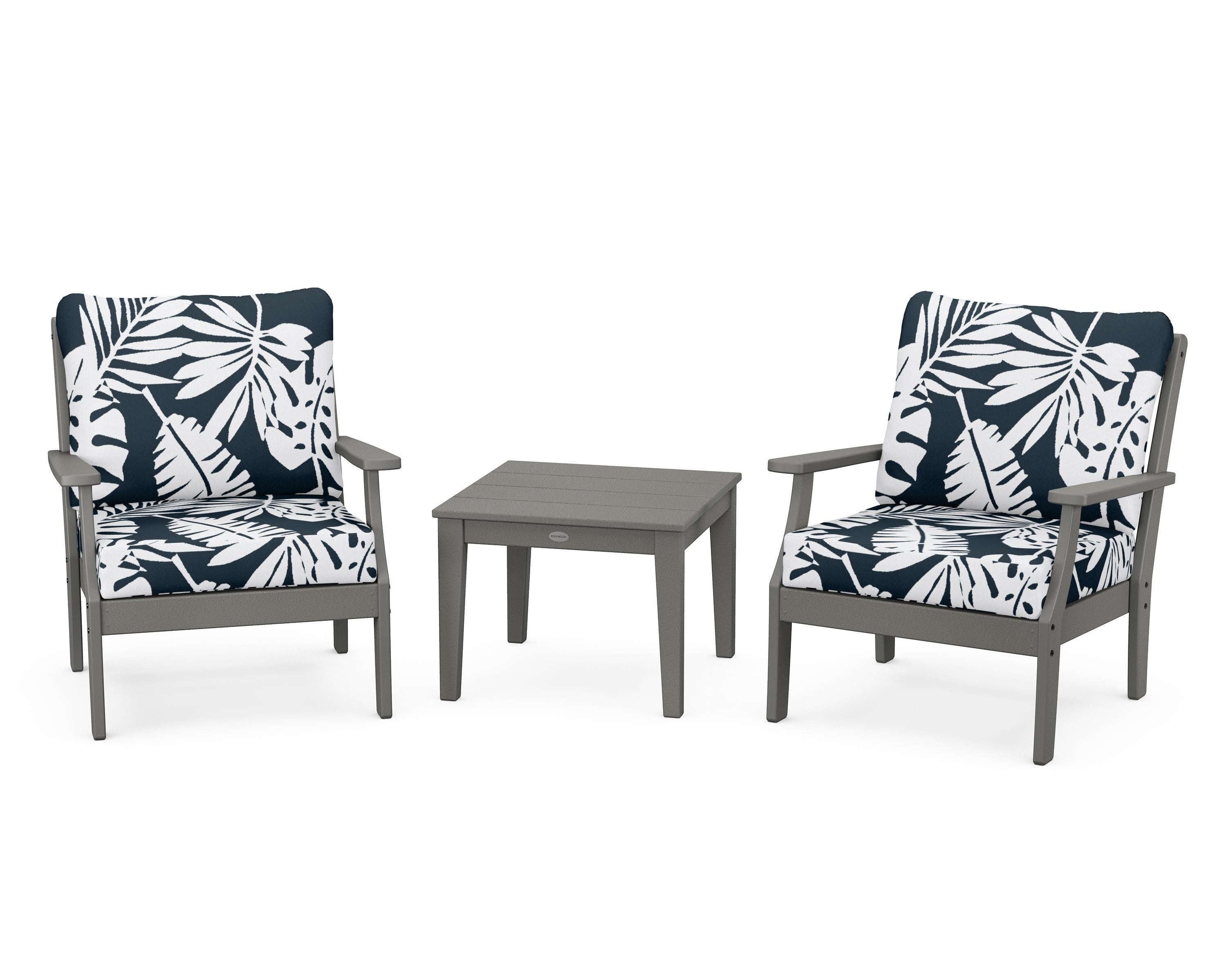 POLYWOOD® Braxton 3-Piece Deep Seating Set in Slate Grey / Leaf Marine Indigo
