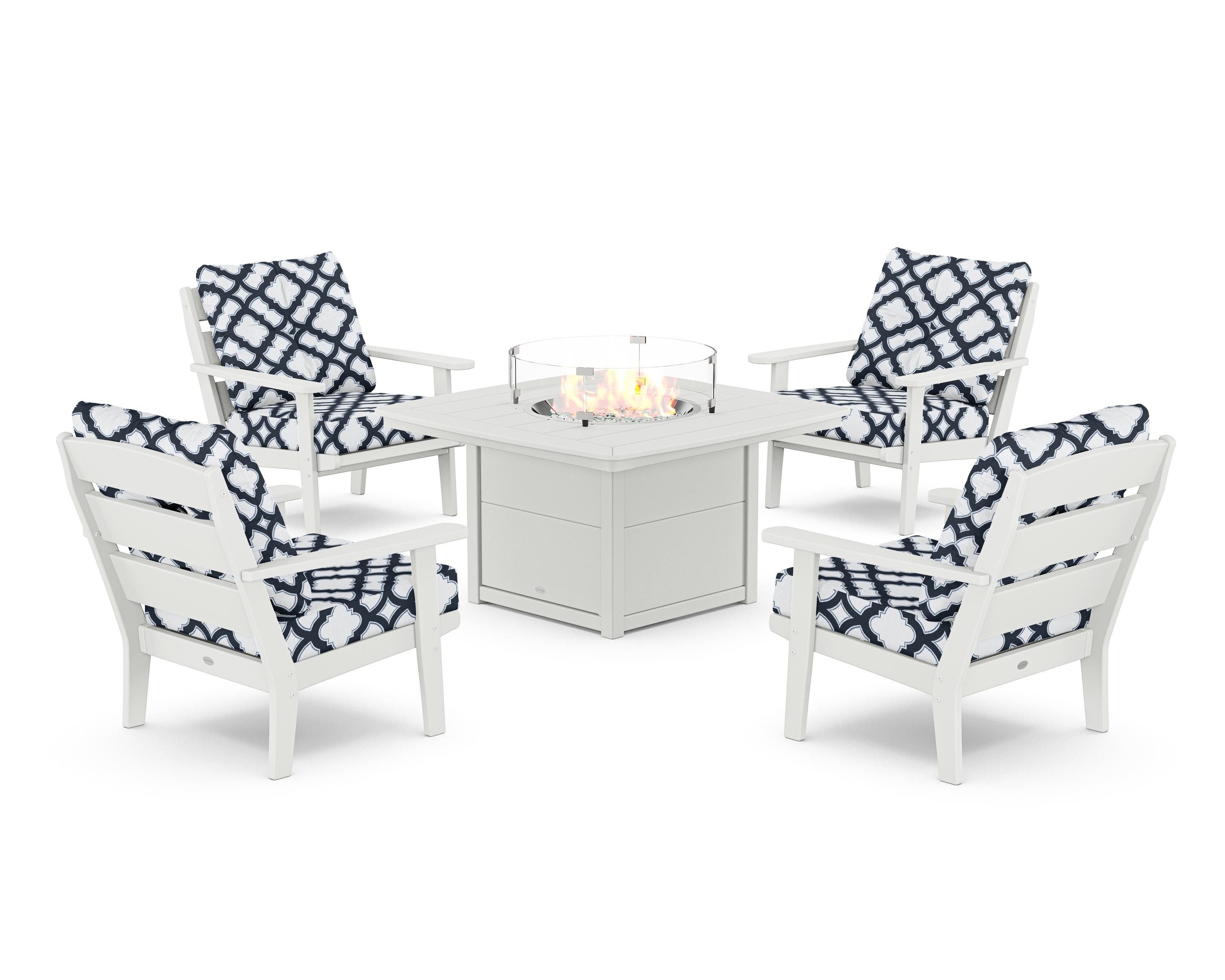 POLYWOOD® Lakeside 5-Piece Deep Seating Set with Nautical Fire Pit Table in White / Trellis Marine Indigo