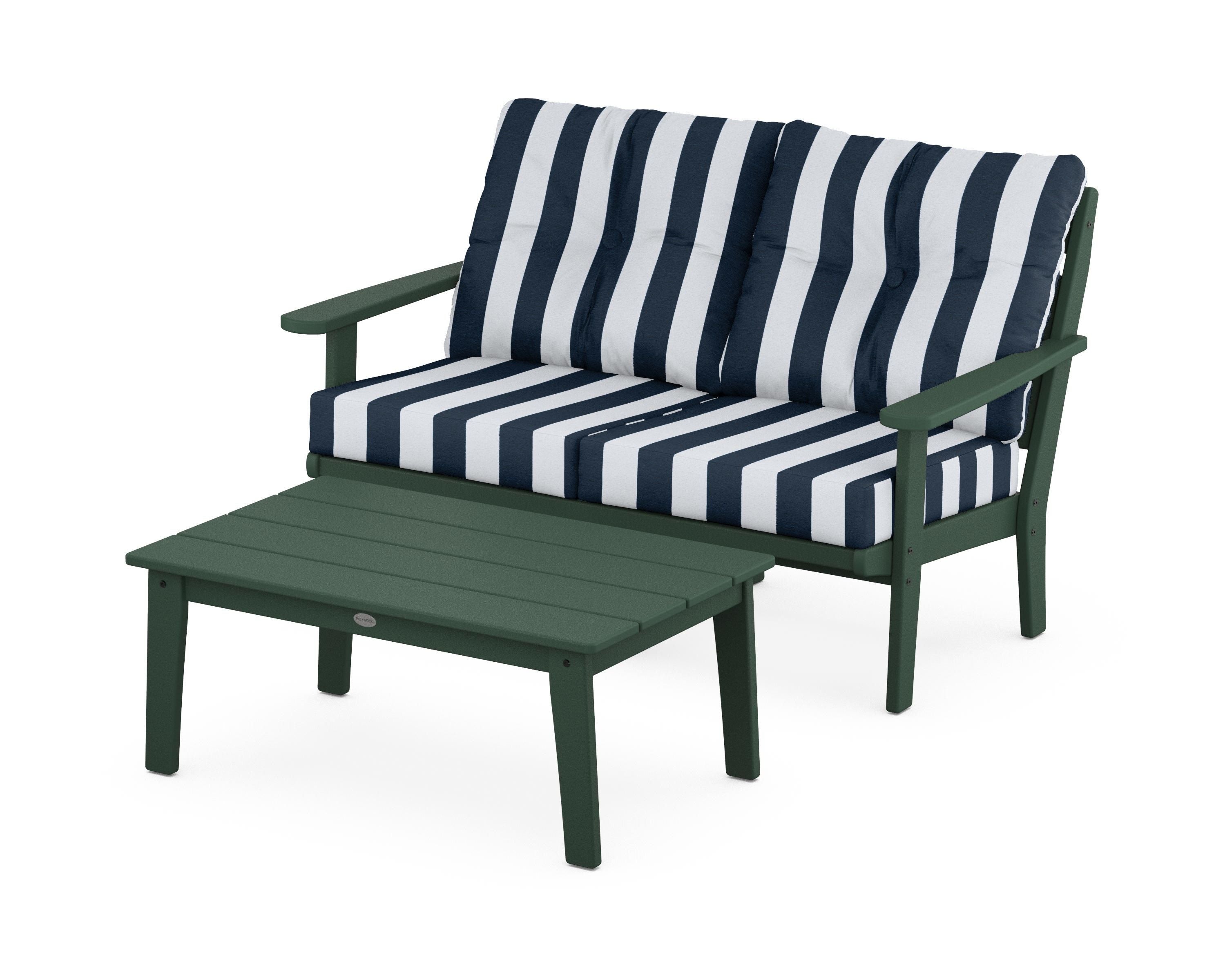 POLYWOOD® Lakeside 2-Piece Lounge Loveseat Set in Green / Cabana Stripe Marine Indigo