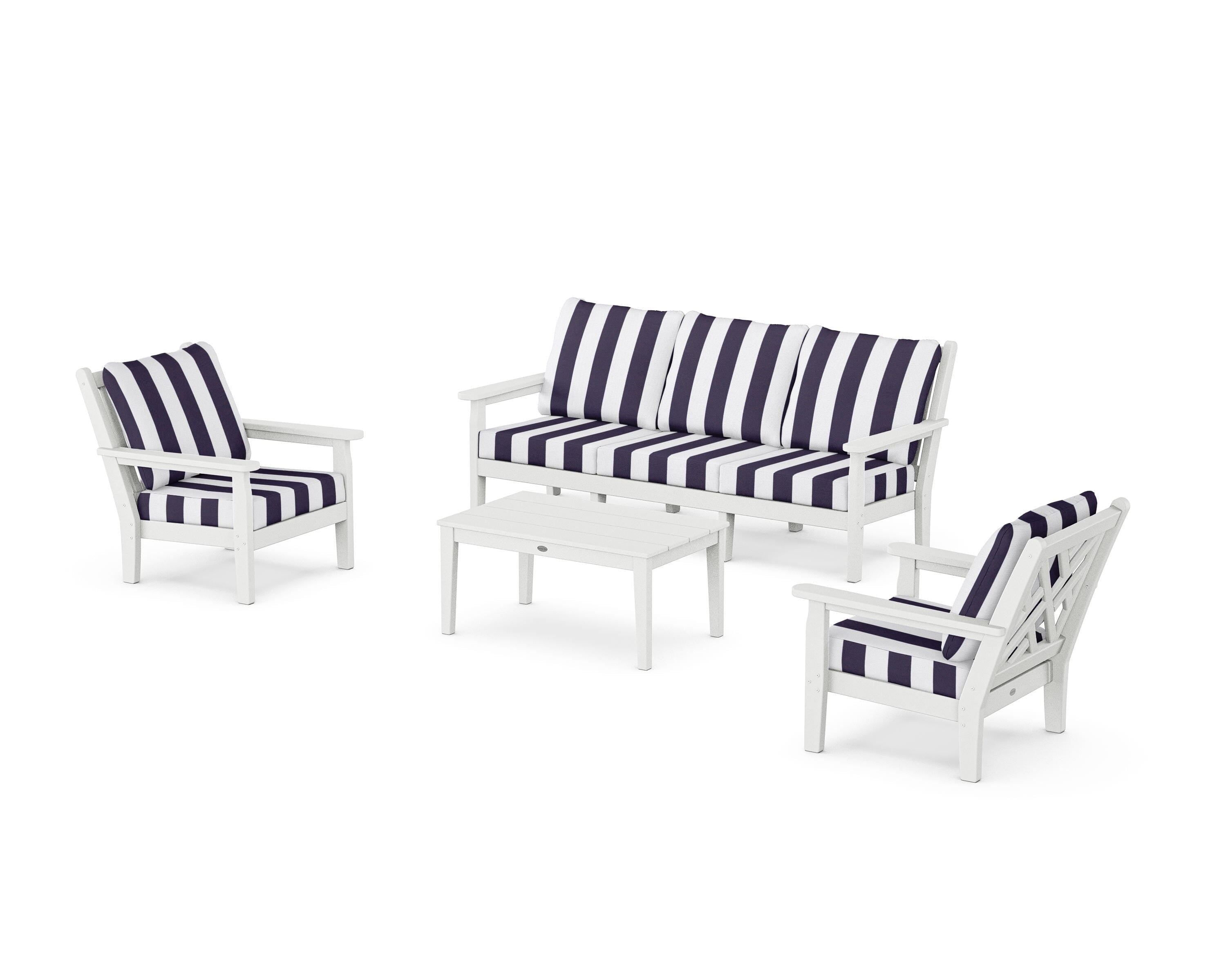 POLYWOOD® Chippendale 4-Piece Deep Seating Set with Sofa in White / Cabana Stripe Navy