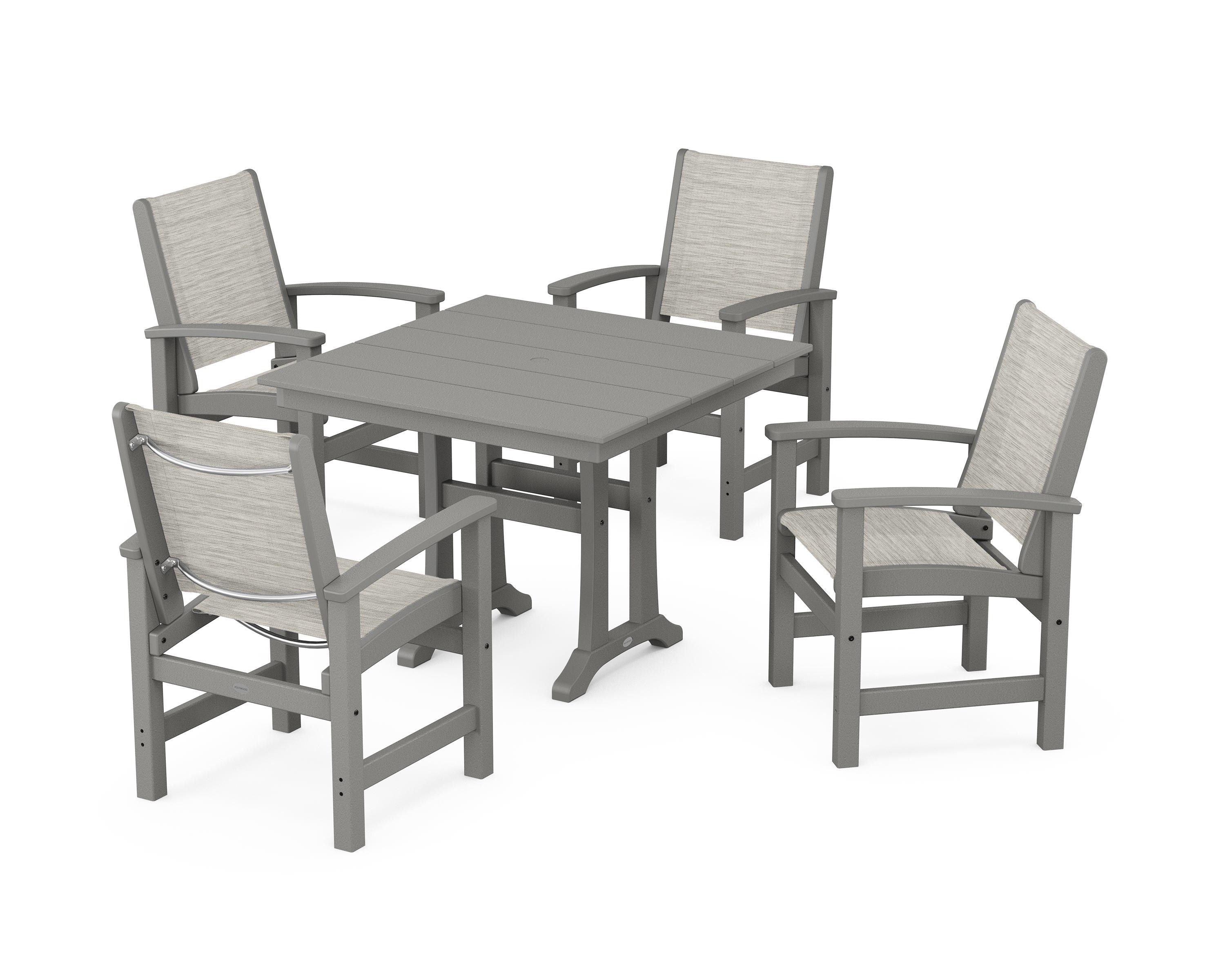 POLYWOOD® Coastal 5-Piece Farmhouse Dining Set With Trestle Legs in Slate Grey / Birch Sling