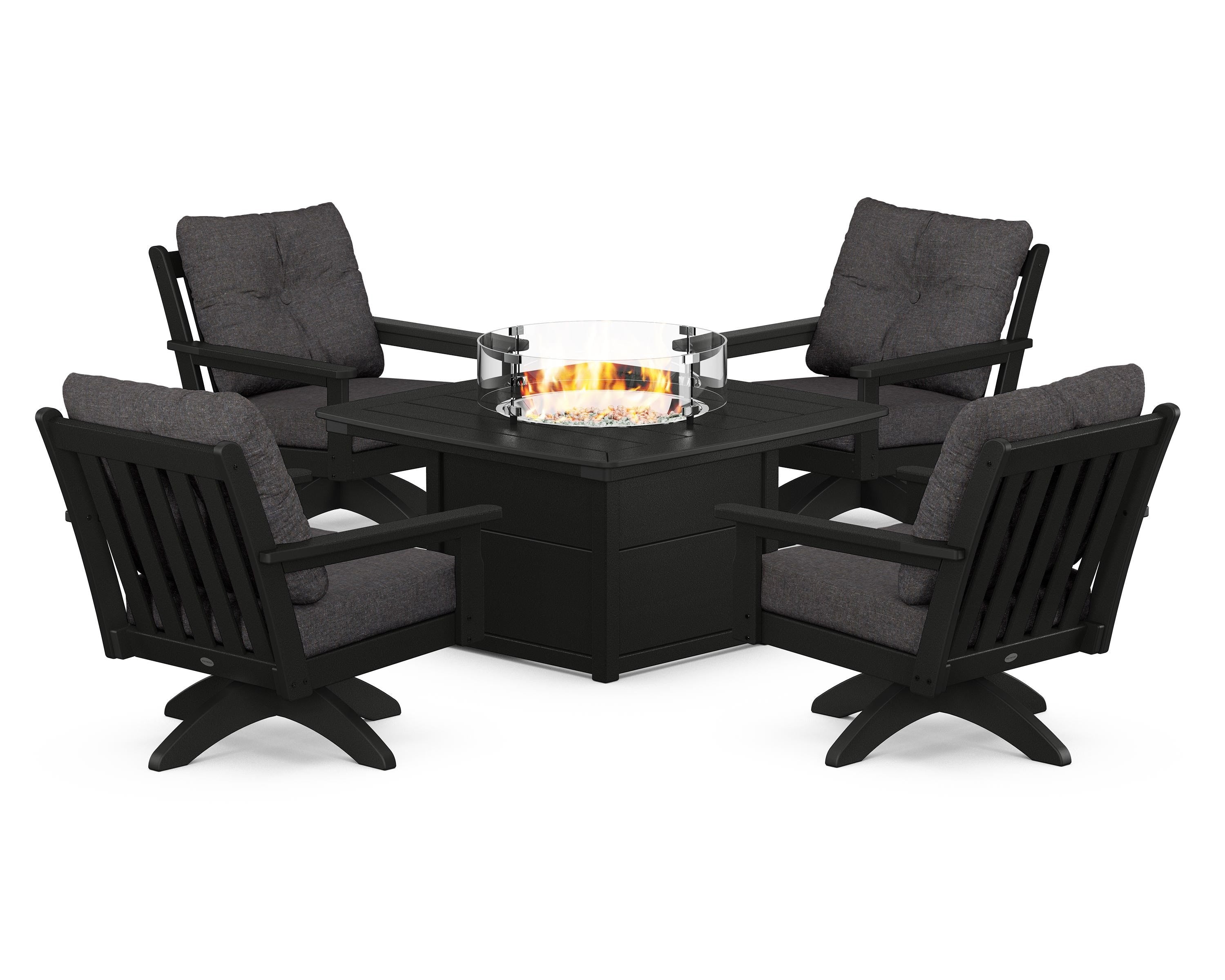 POLYWOOD® Vineyard 5-Piece Deep Seating Swivel Conversation Set with Fire Pit Table in Black / Ash Charcoal