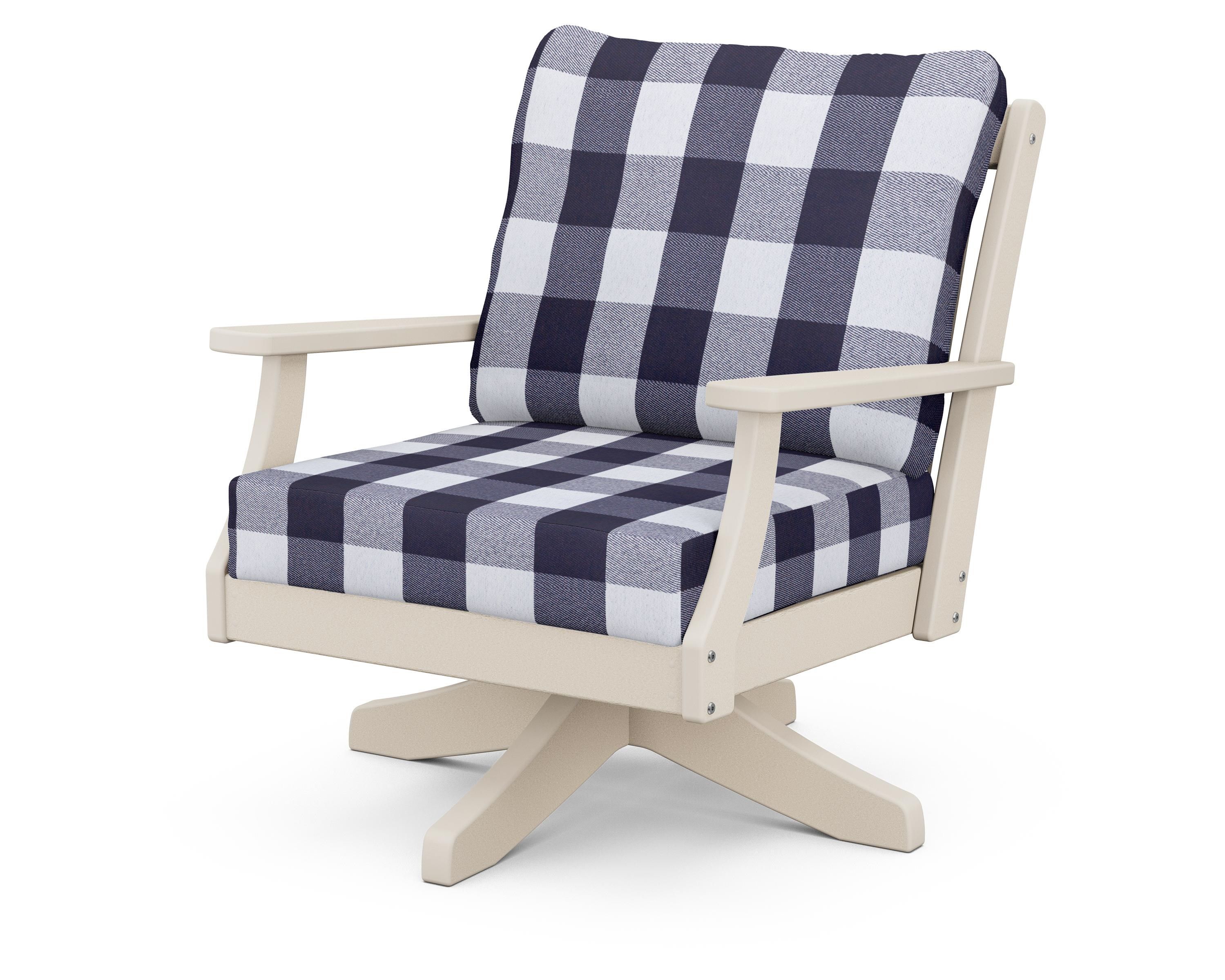 POLYWOOD® Braxton Deep Seating Swivel Chair in Sand / Buffalo Plaid Navy