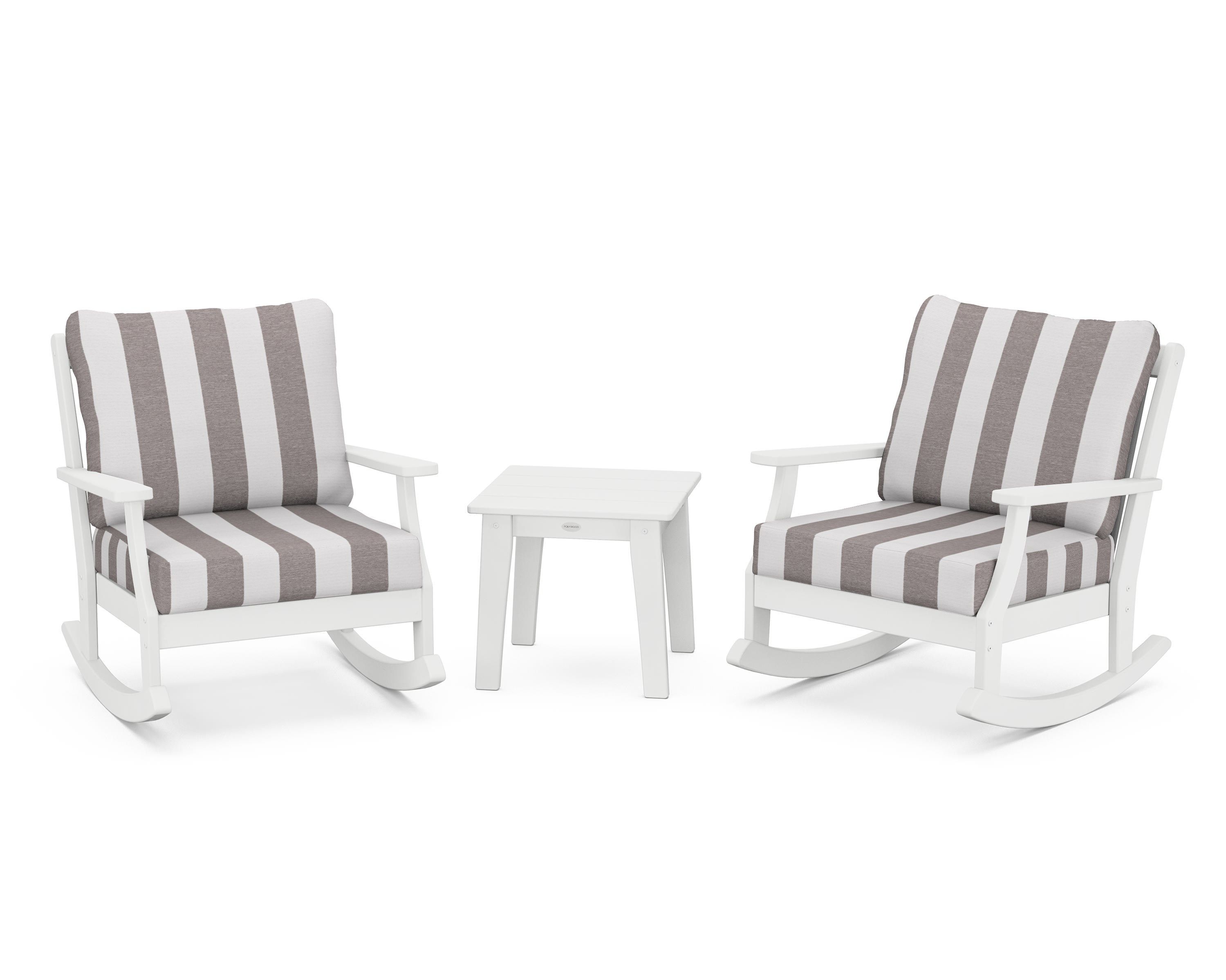 POLYWOOD® Braxton 3-Piece Deep Seating Rocker Set in White / Cabana Stripe Grey Mist