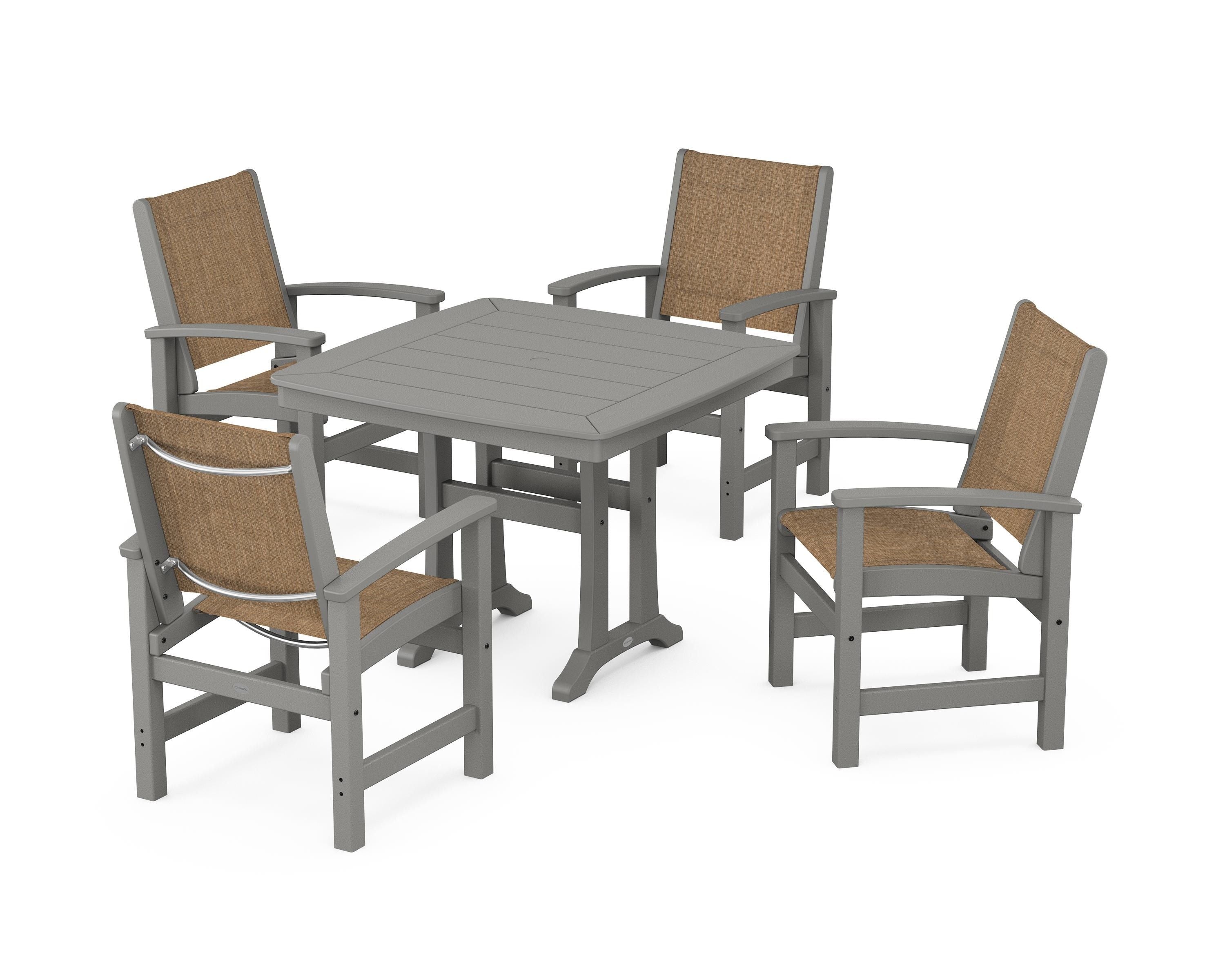 POLYWOOD® Coastal 5-Piece Dining Set with Trestle Legs in Slate Grey / Burlap Sling