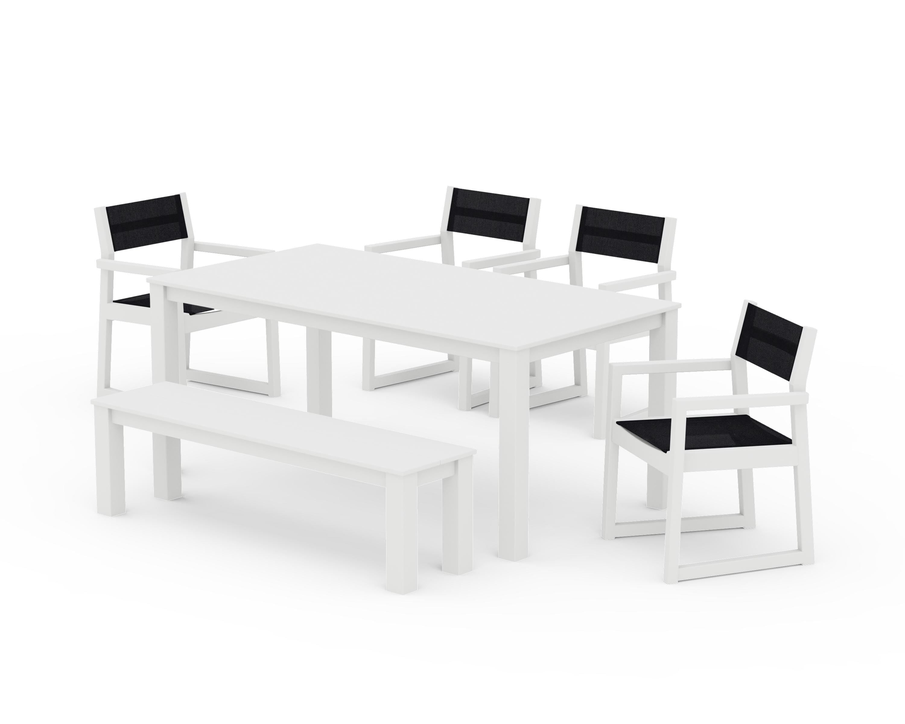 POLYWOOD® EDGE Sling Arm Chair 6-Piece Parsons Dining Set with Bench in White / Black Sling