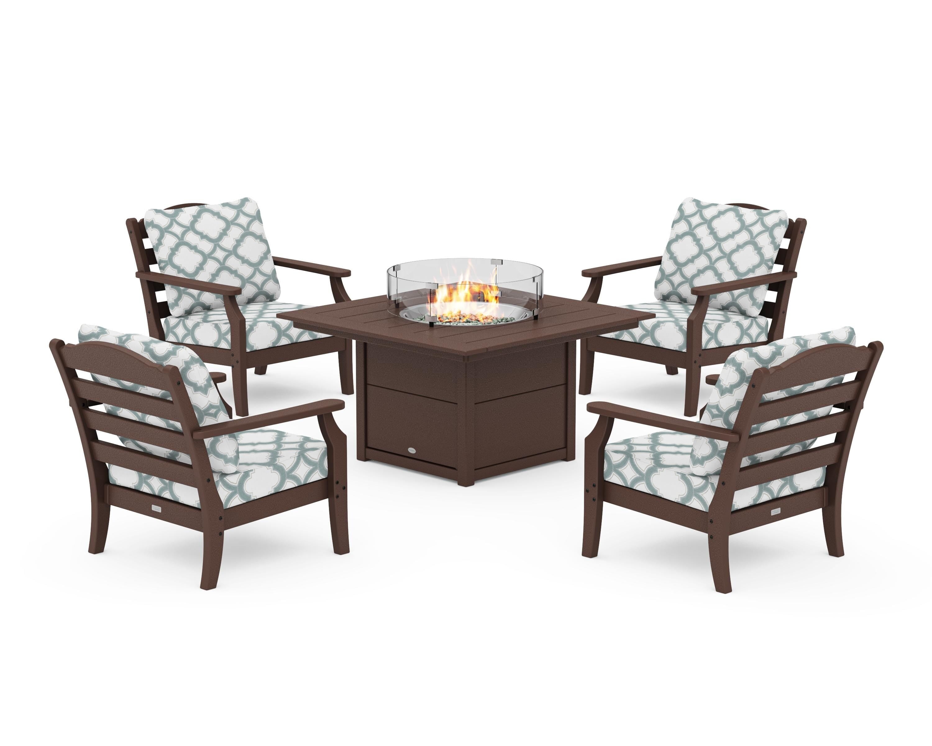 Draper James™ by POLYWOOD® Savannah 5-Piece Deep Seating Set with Fire Pit Table in Mahogany / Trellis Glacier Spa