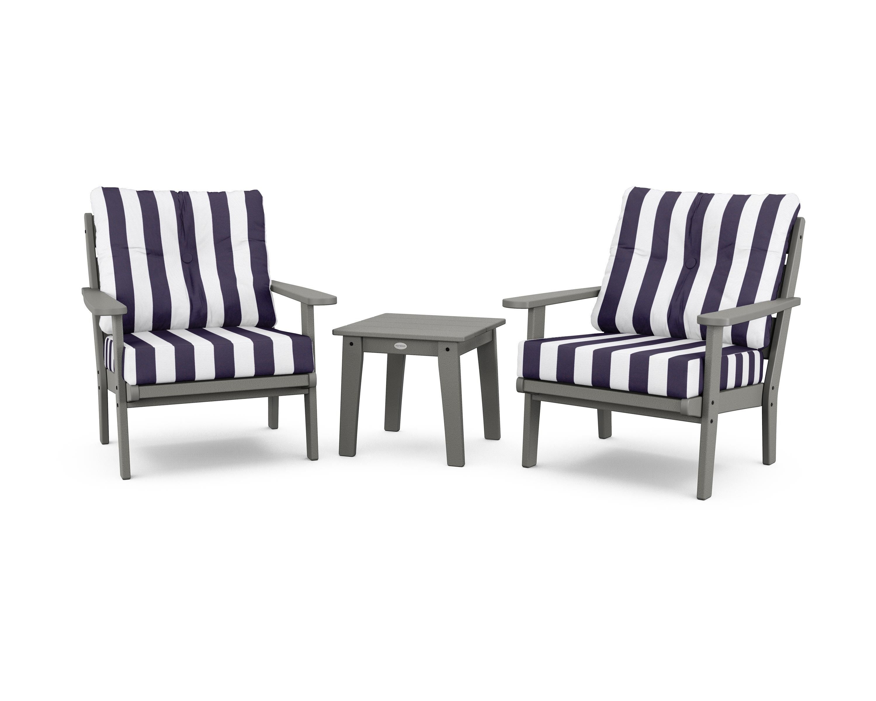 POLYWOOD® Lakeside 3-Piece Deep Seating Chair Set in Slate Grey / Cabana Stripe Navy