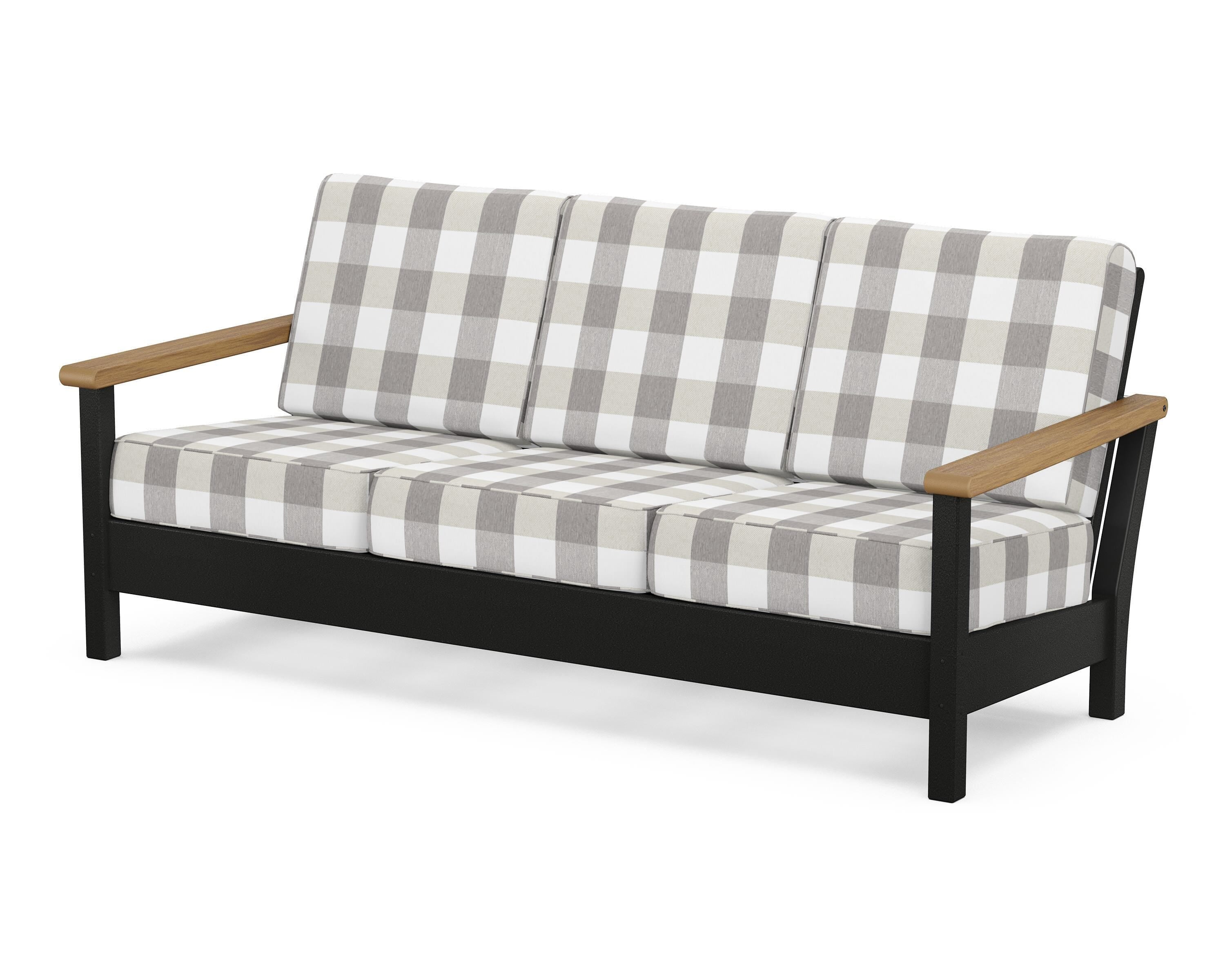 POLYWOOD® Harbour Deep Seating Sofa in Black / Natural / Buffalo Plaid Grey Mist