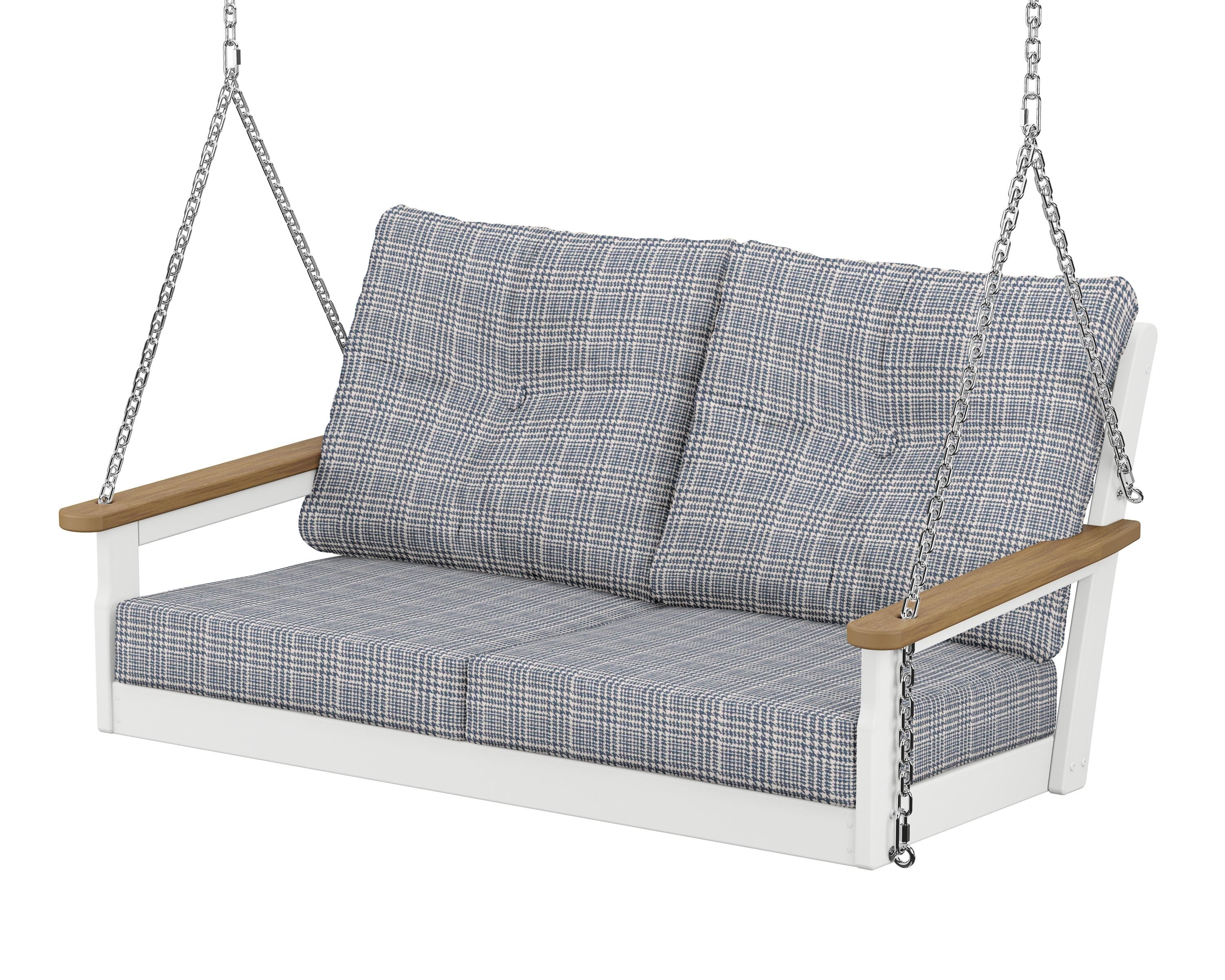 POLYWOOD® Vineyard Deep Seating Swing in White / Natural / Houndstooth Sky Blue