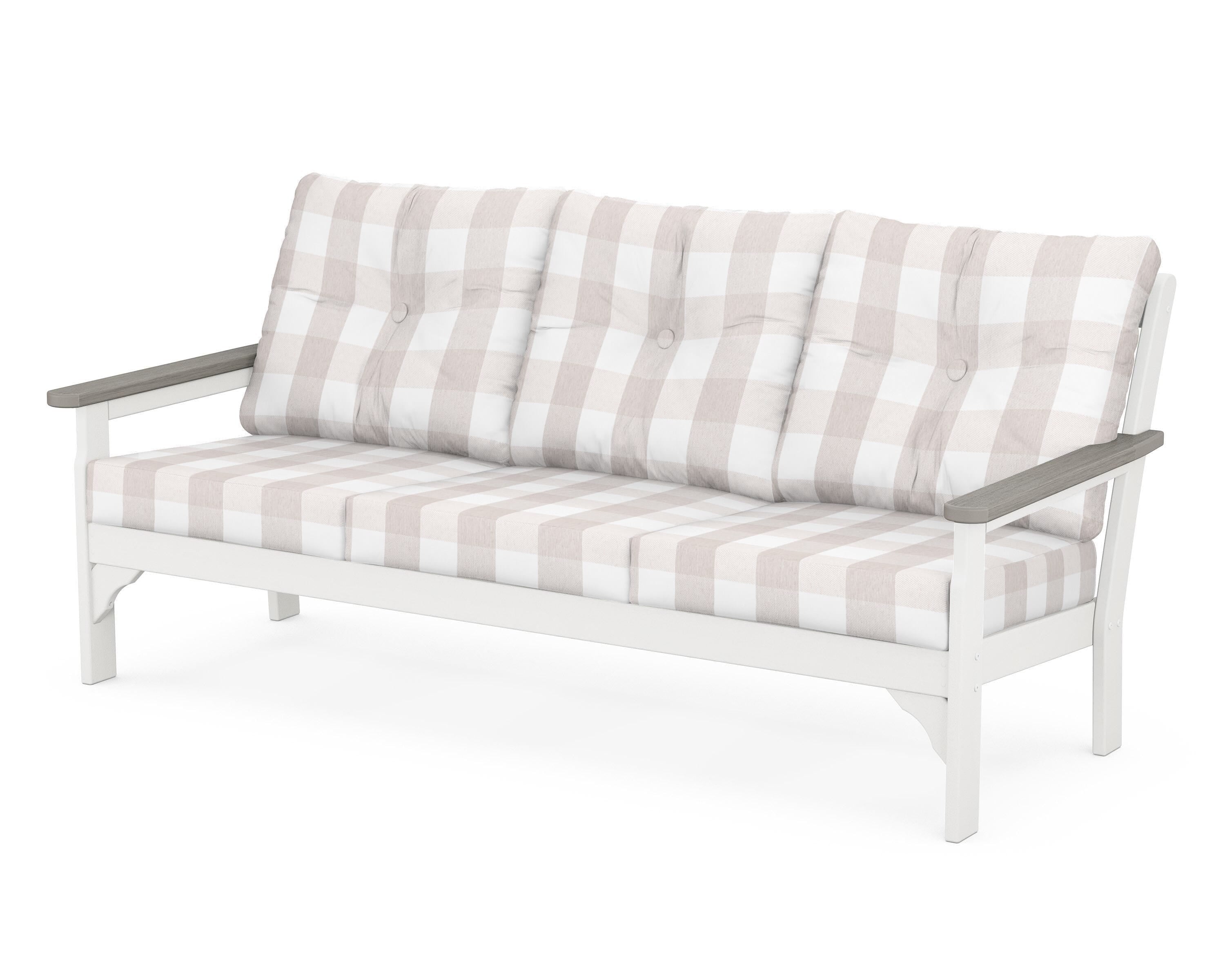 POLYWOOD® Vineyard Deep Seating Sofa in White / Driftwood / Buffalo Plaid Dune Burlap
