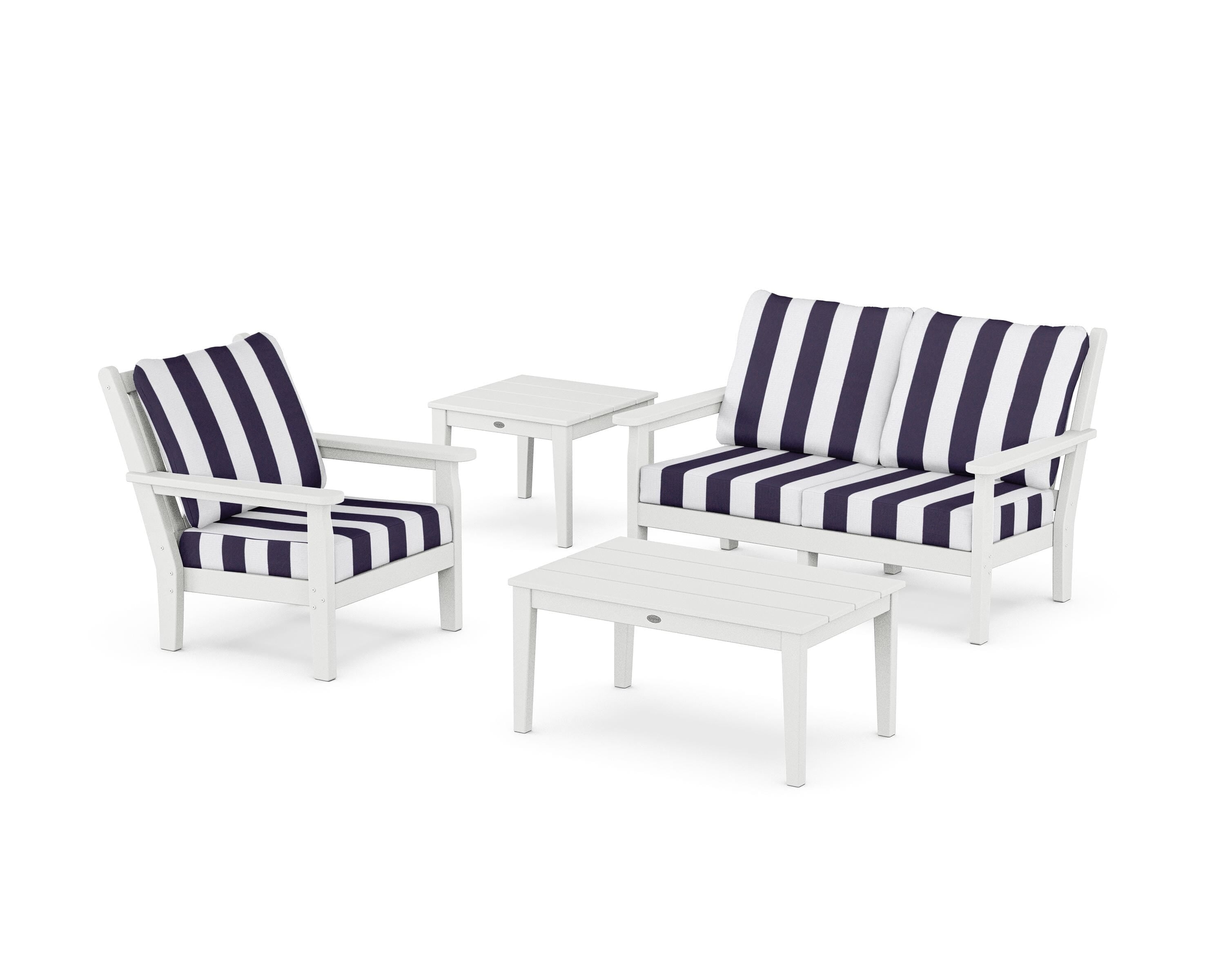 POLYWOOD® Chippendale 4-Piece Deep Seating Set in White / Cabana Stripe Navy