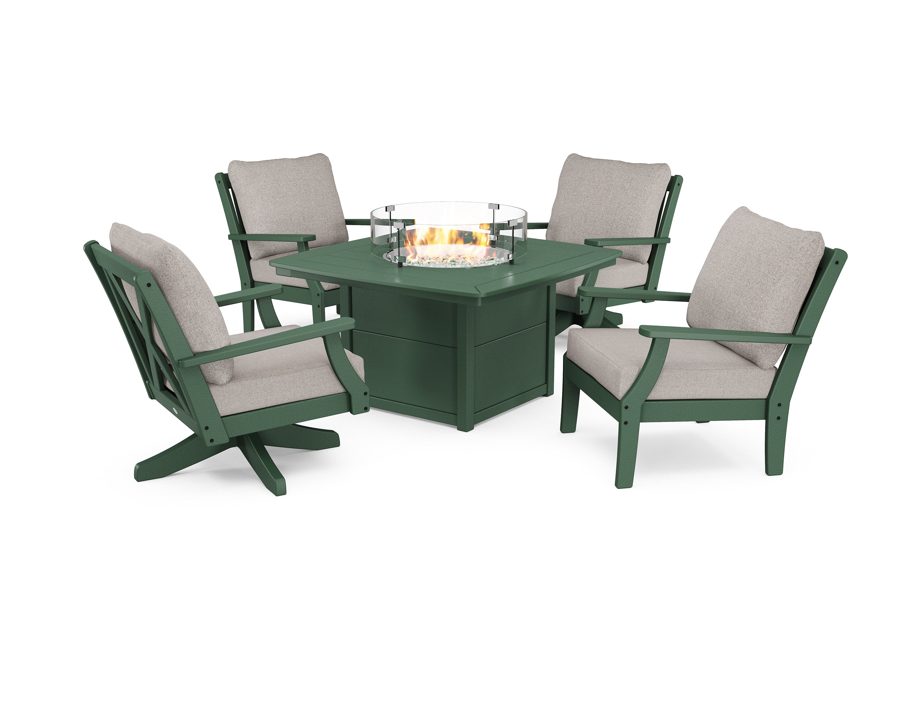POLYWOOD® Braxton 5-Piece Deep Seating Set with Fire Table in Green / Weathered Tweed