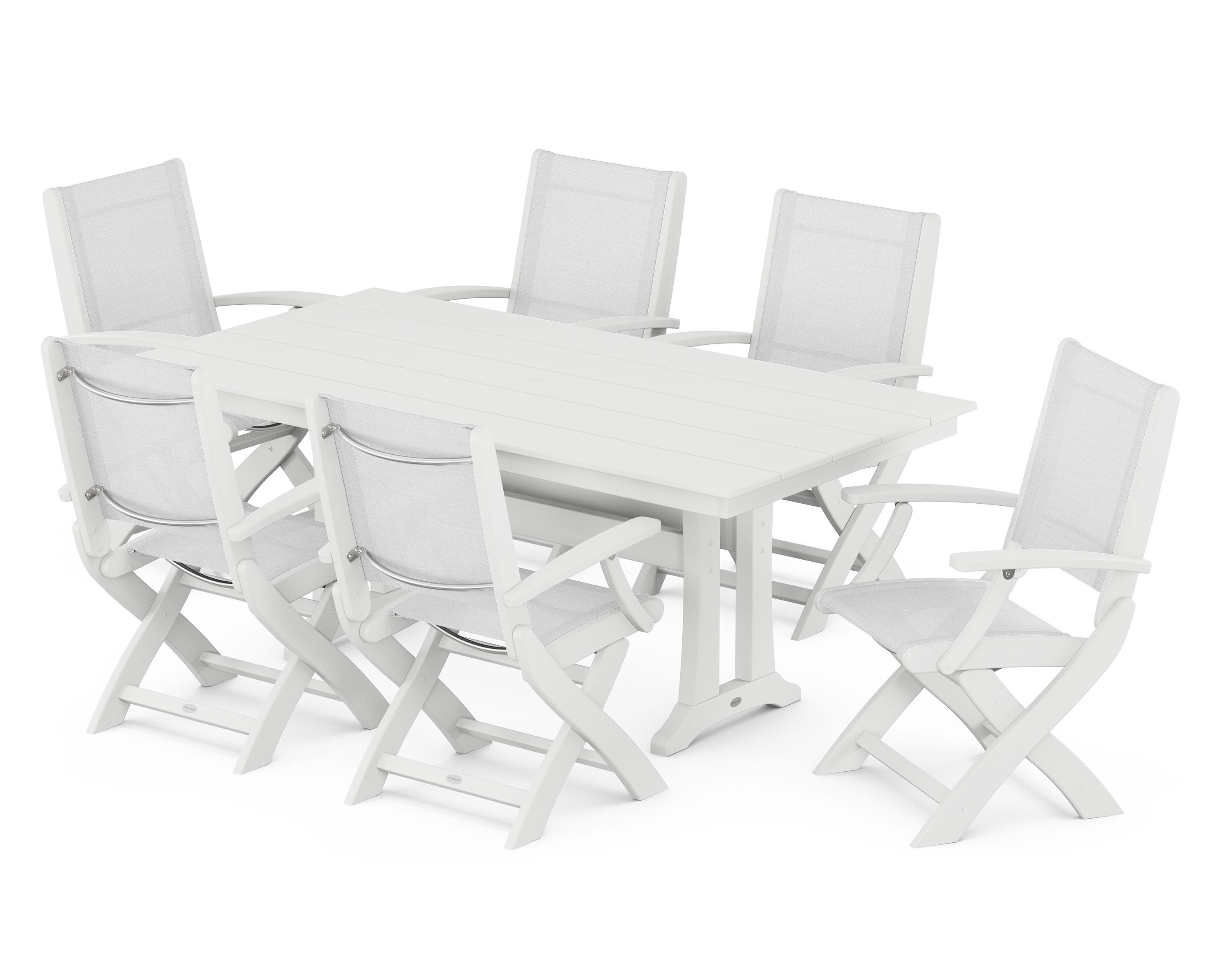 POLYWOOD® Coastal Folding Arm Chair 7-Piece Farmhouse Dining Set with Trestle Legs in White / White Sling