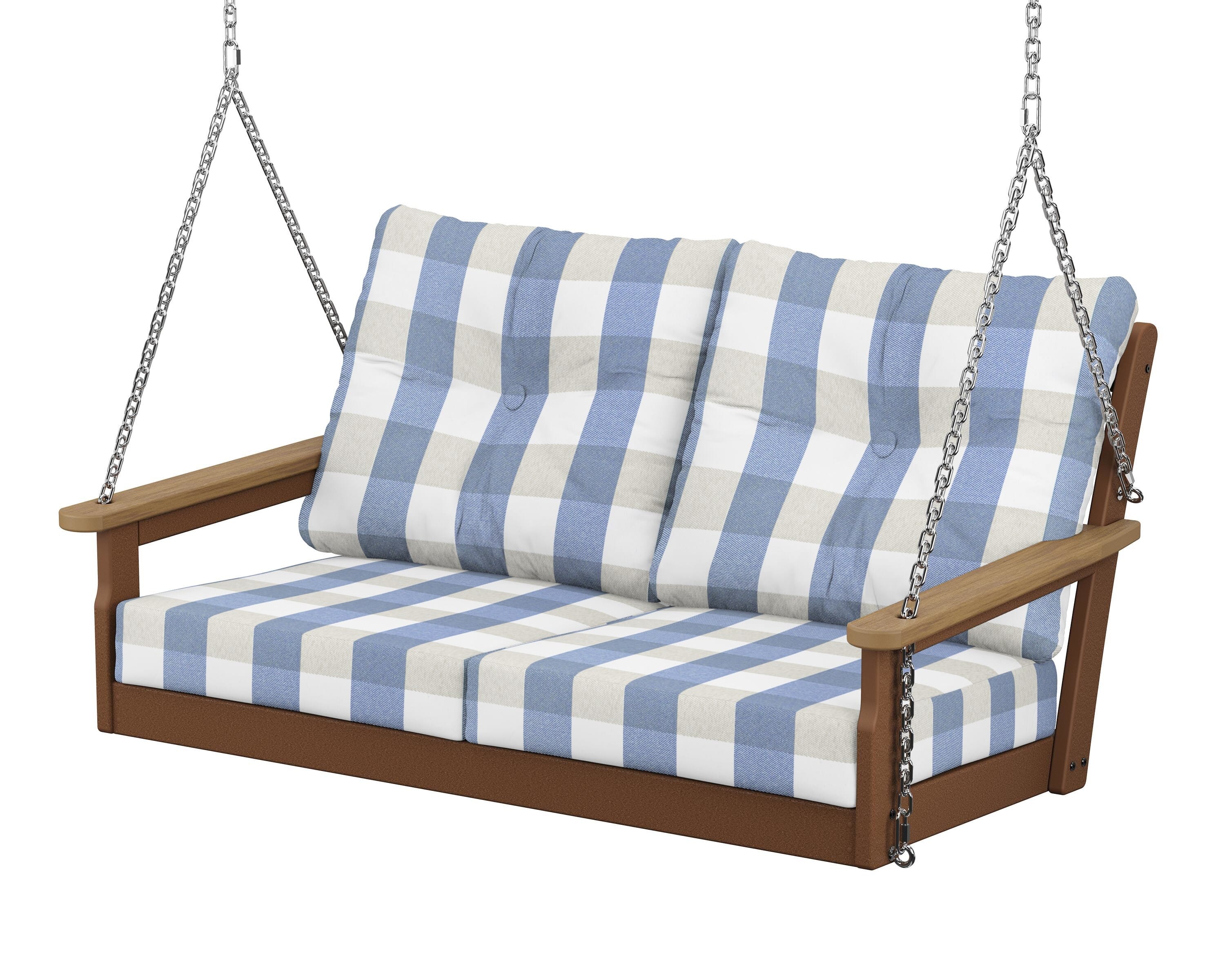 POLYWOOD® Vineyard Deep Seating Swing in Teak / Natural / Buffalo Plaid Sky Blue