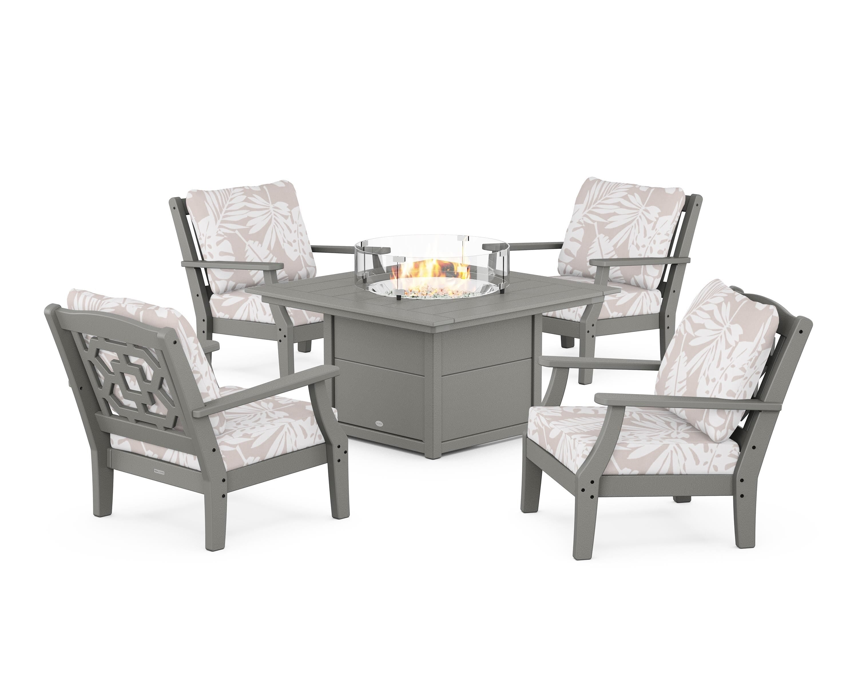 Martha Stewart by POLYWOOD® Chinoiserie 5-Piece Deep Seating Set with Fire Pit Table in Slate Grey / Leaf Dune Burlap