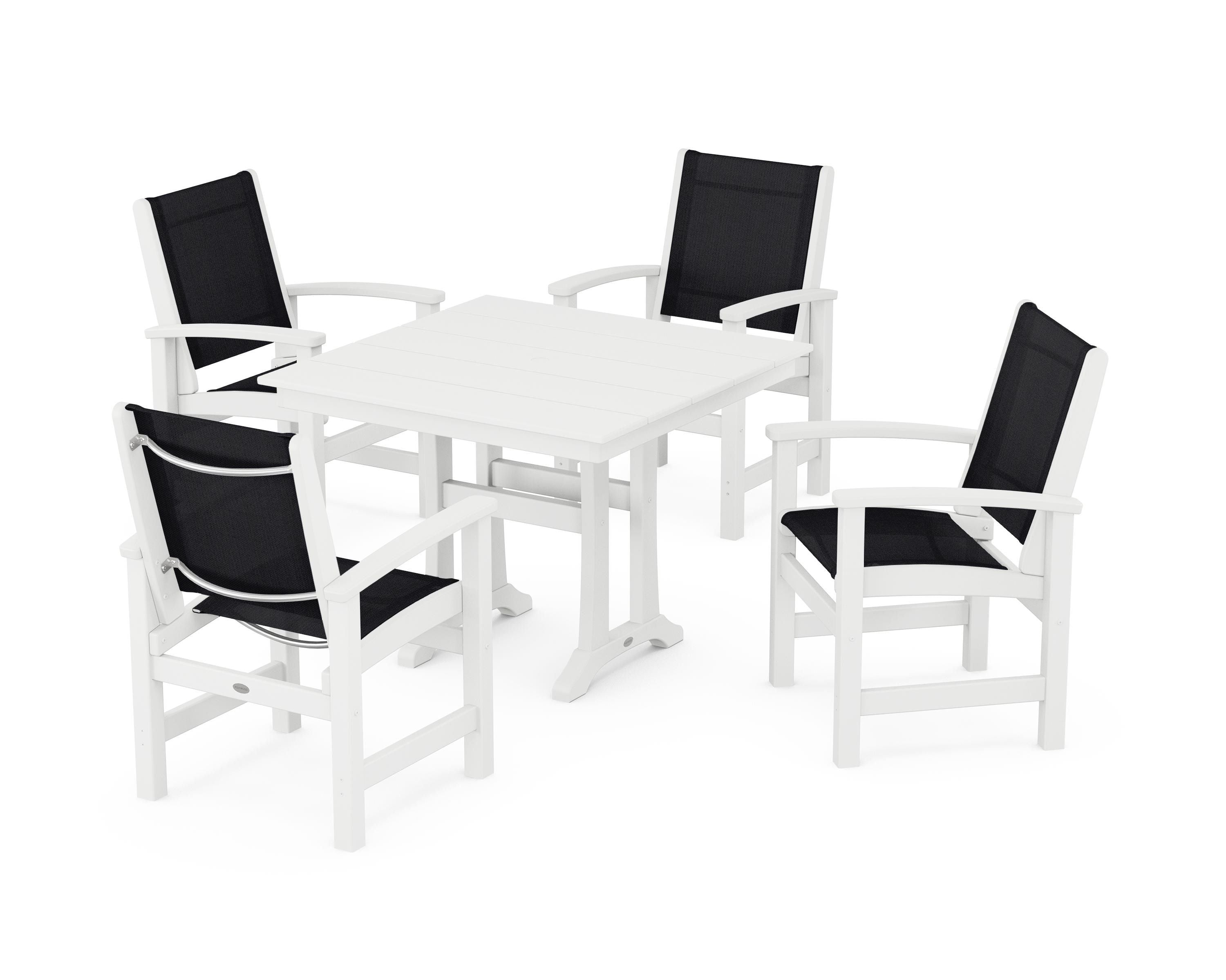 POLYWOOD® Coastal 5-Piece Farmhouse Dining Set With Trestle Legs in White / Black Sling