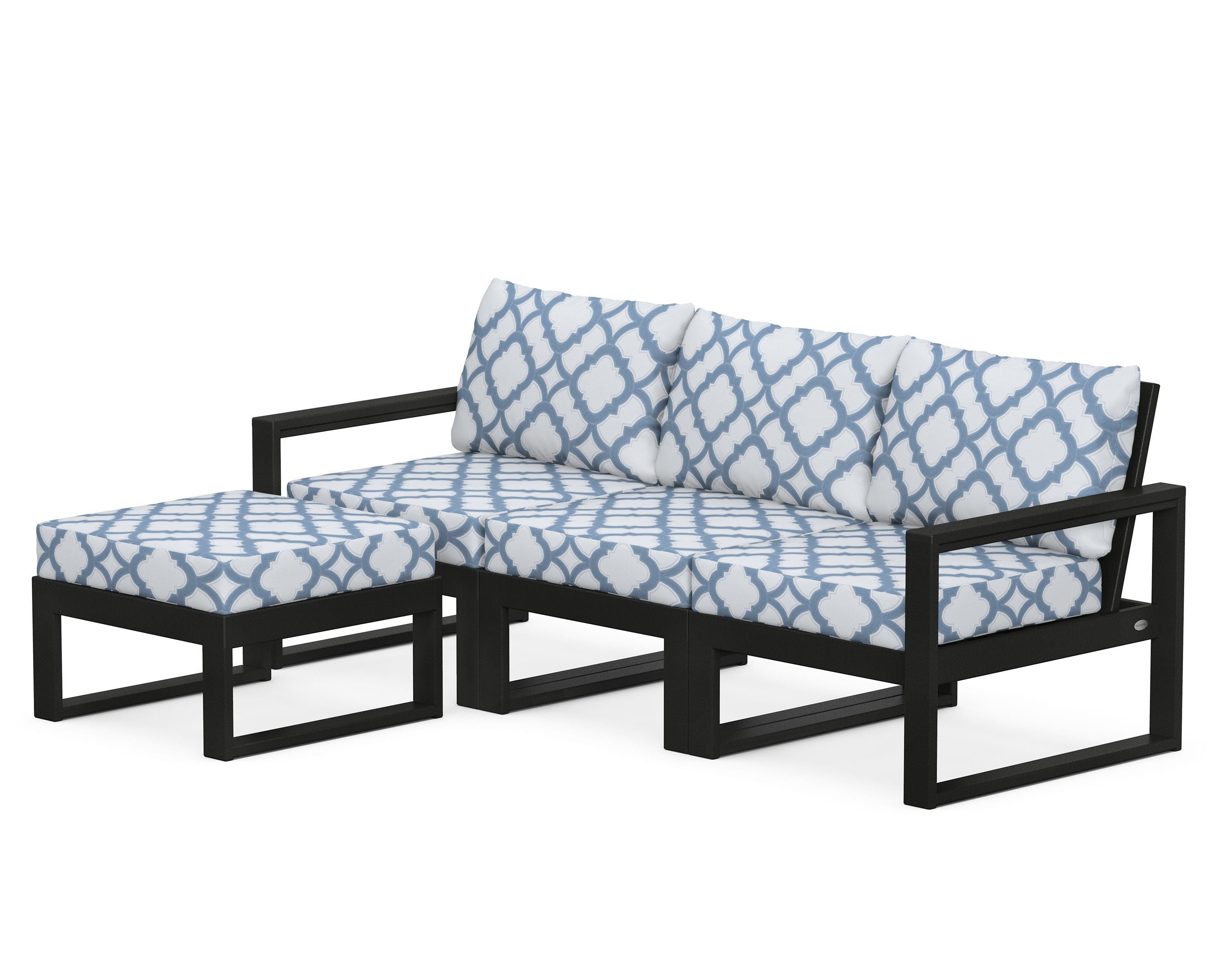 POLYWOOD® EDGE 4-Piece Modular Deep Seating Set with Ottoman in Black / Trellis Sky Blue