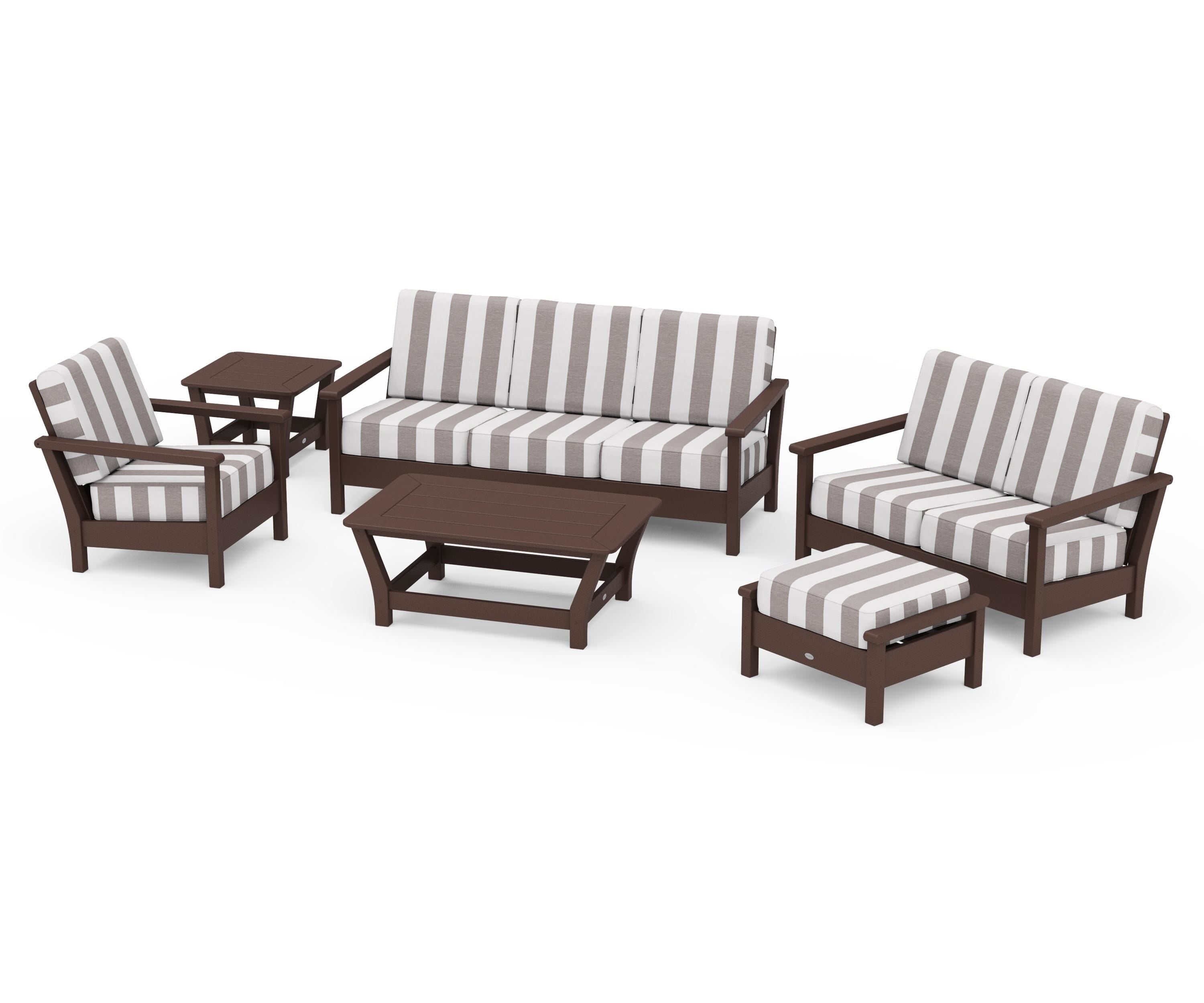 POLYWOOD® Harbour 6-Piece Outdoor Living Set in Mahogany / Cabana Stripe Grey Mist