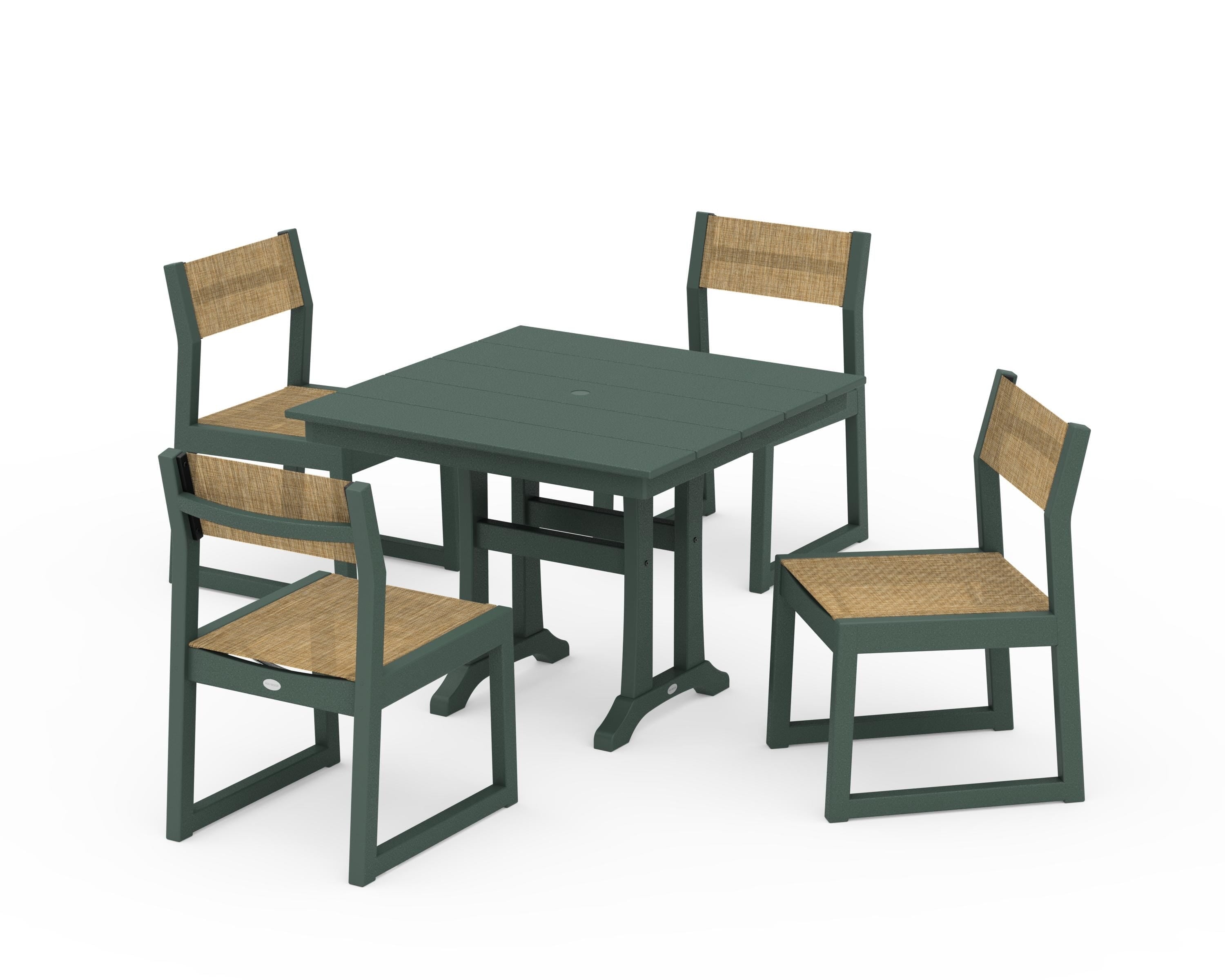 POLYWOOD® EDGE Sling 5-Piece Farmhouse Trestle Side Chair Dining Set in Green / Burlap Sling