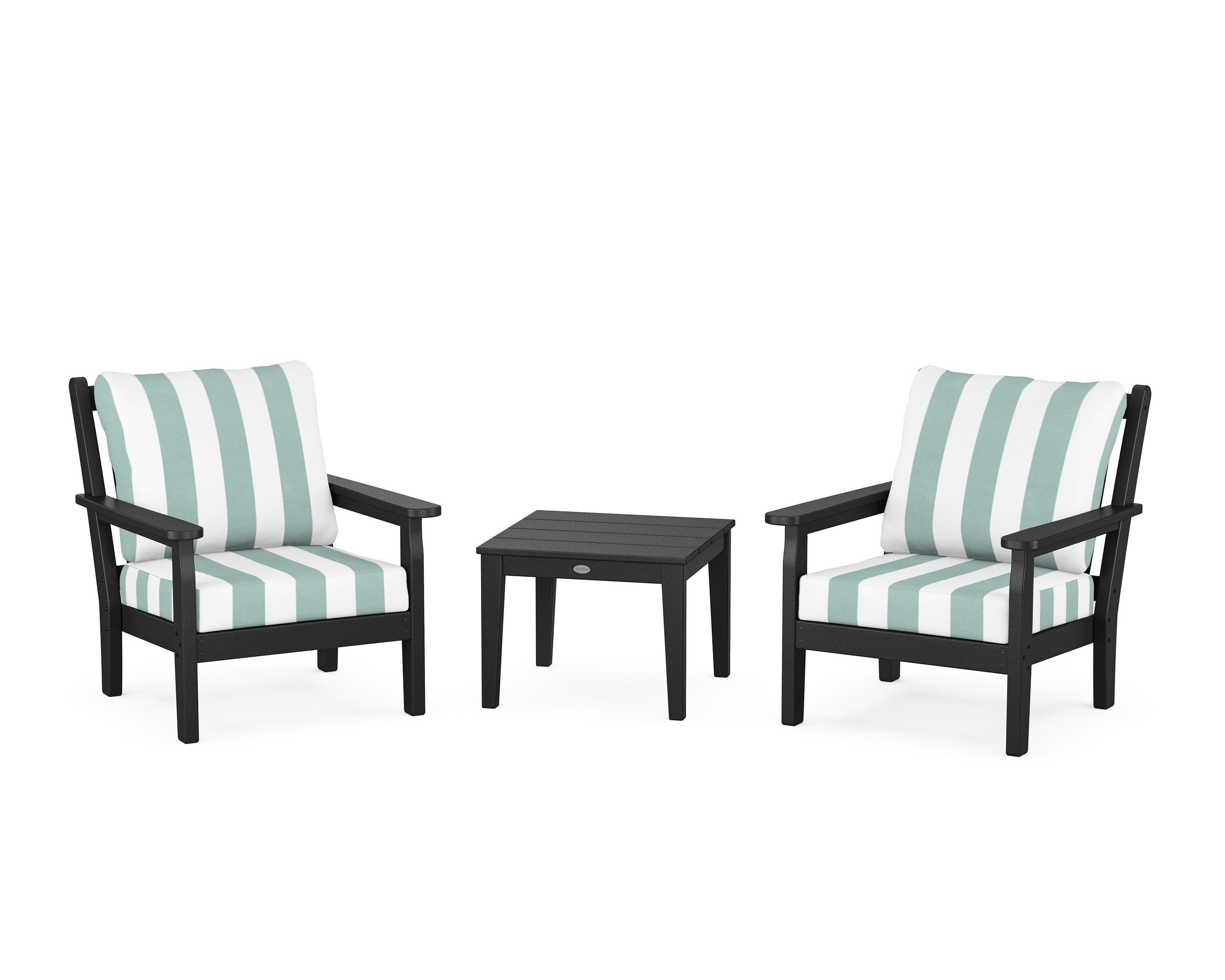 POLYWOOD® Chippendale 3-Piece Deep Seating Set in Black / Cabana Stripe Glacier Spa
