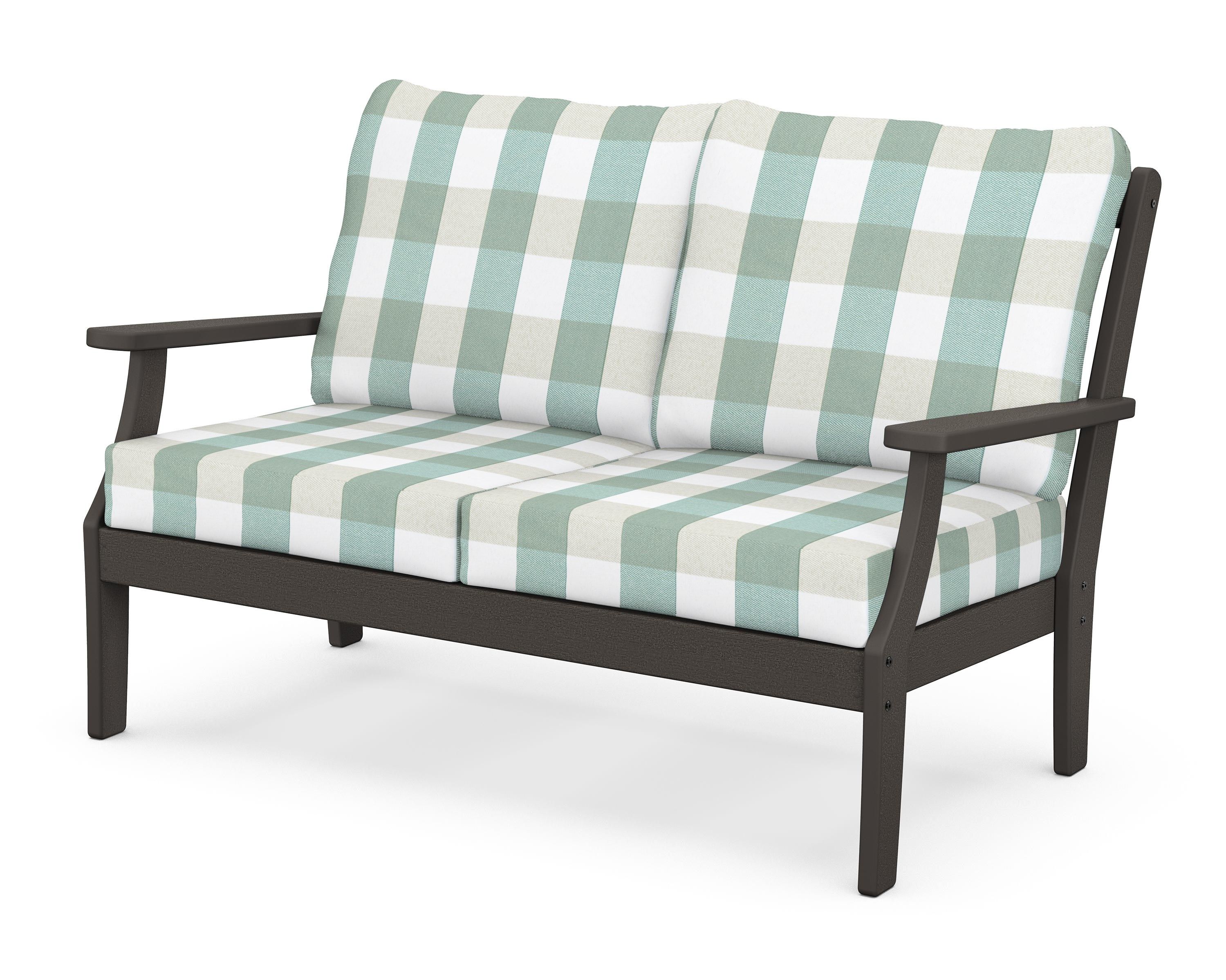 POLYWOOD® Braxton Deep Seating Loveseat in Vintage Coffee / Buffalo Plaid Glacier Spa