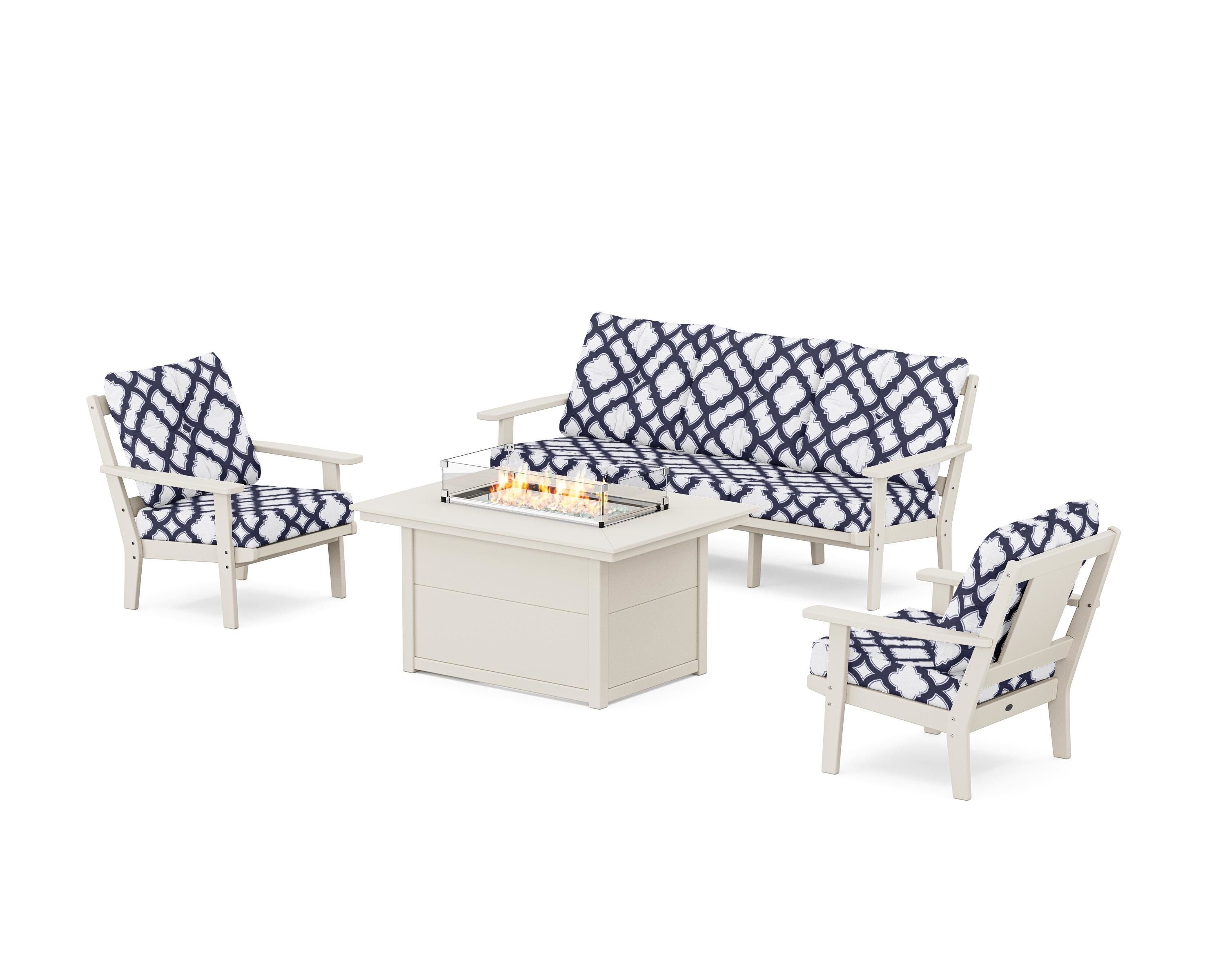 POLYWOOD® Prairie Deep Seating Fire Pit Table Set in Sand / Trellis Navy