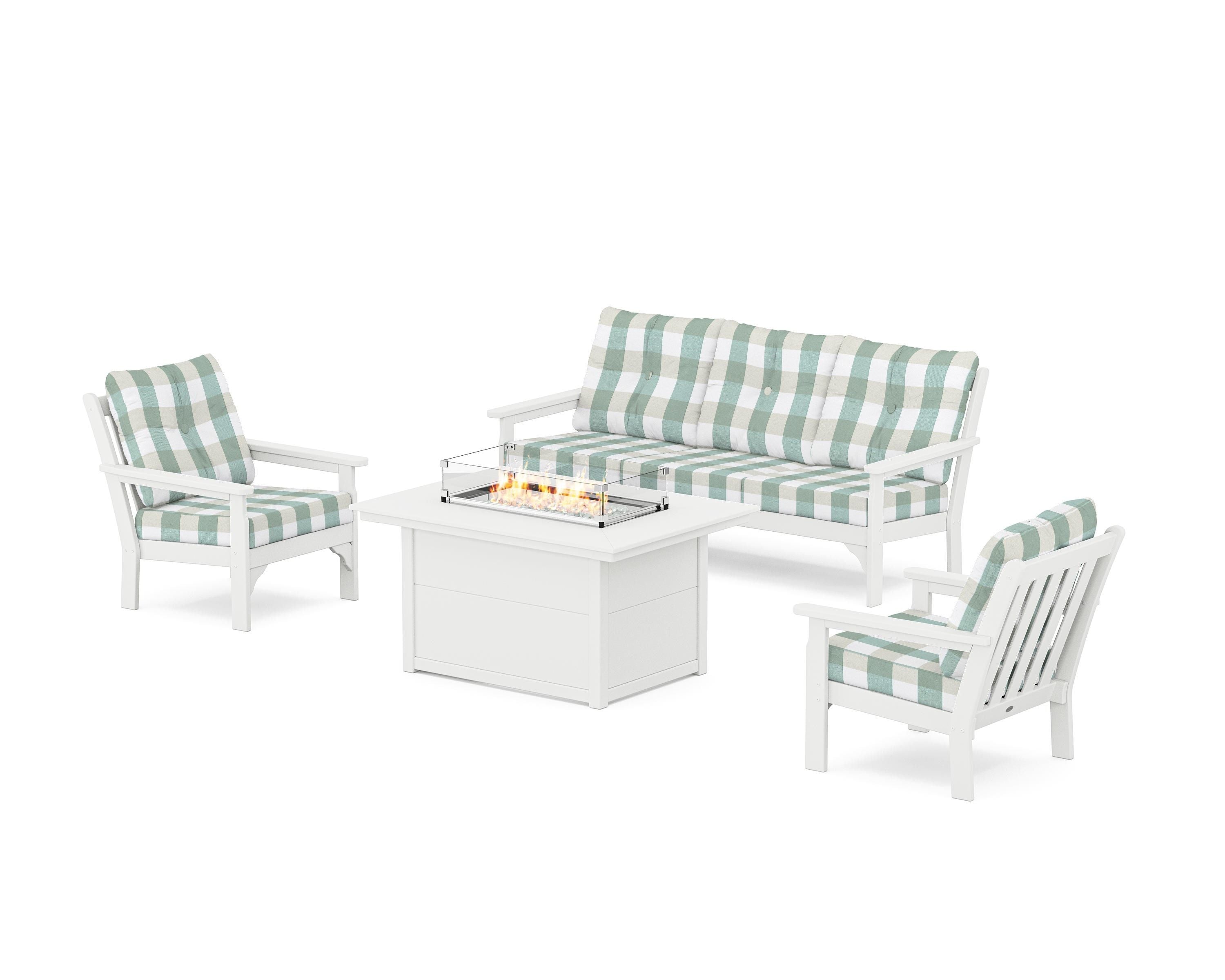 POLYWOOD® Vineyard Deep Seating Fire Pit Table Set in White / Buffalo Plaid Glacier Spa