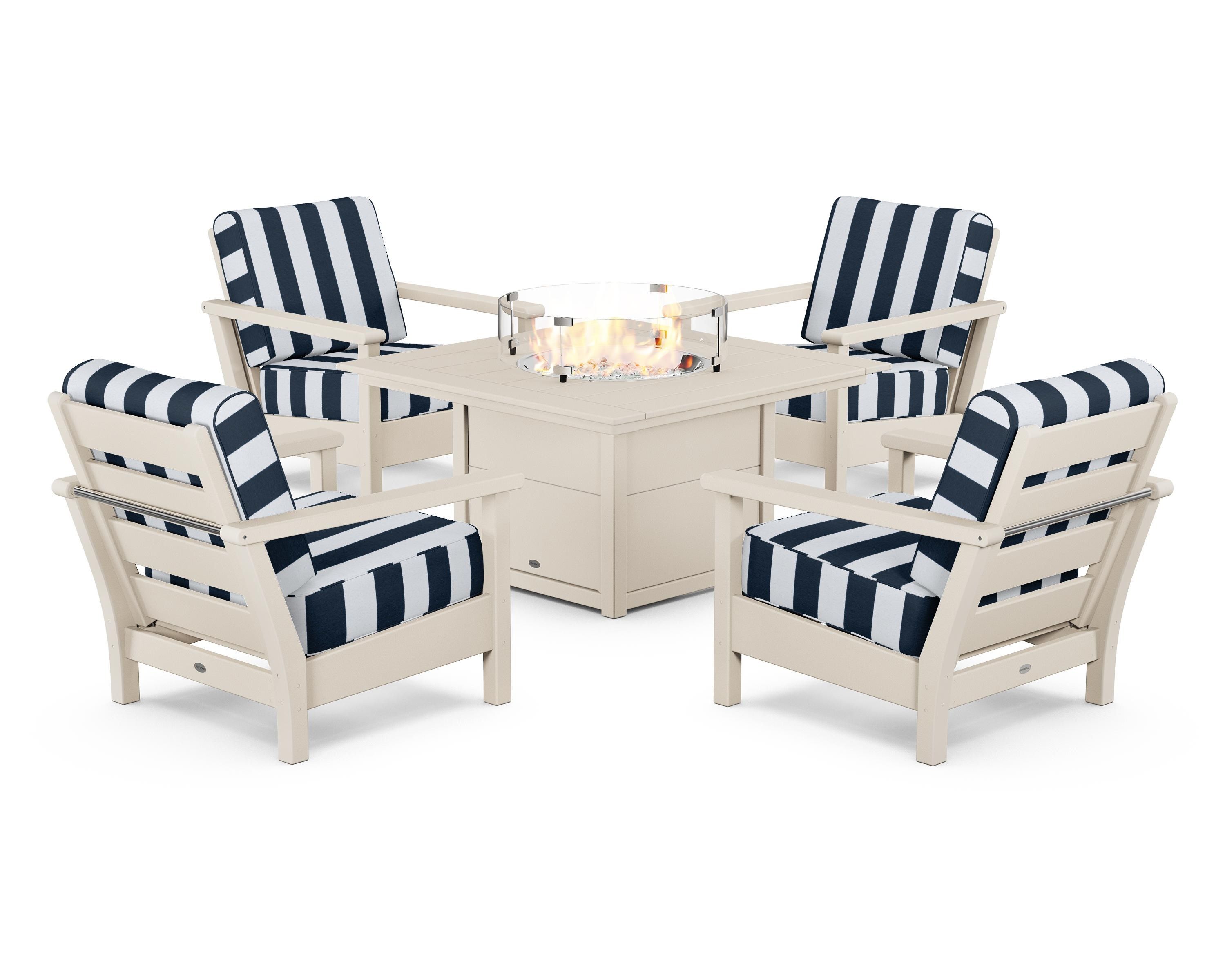 POLYWOOD® Harbour 5-Piece Conversation Set with Fire Pit Table in Sand / Cabana Stripe Marine Indigo