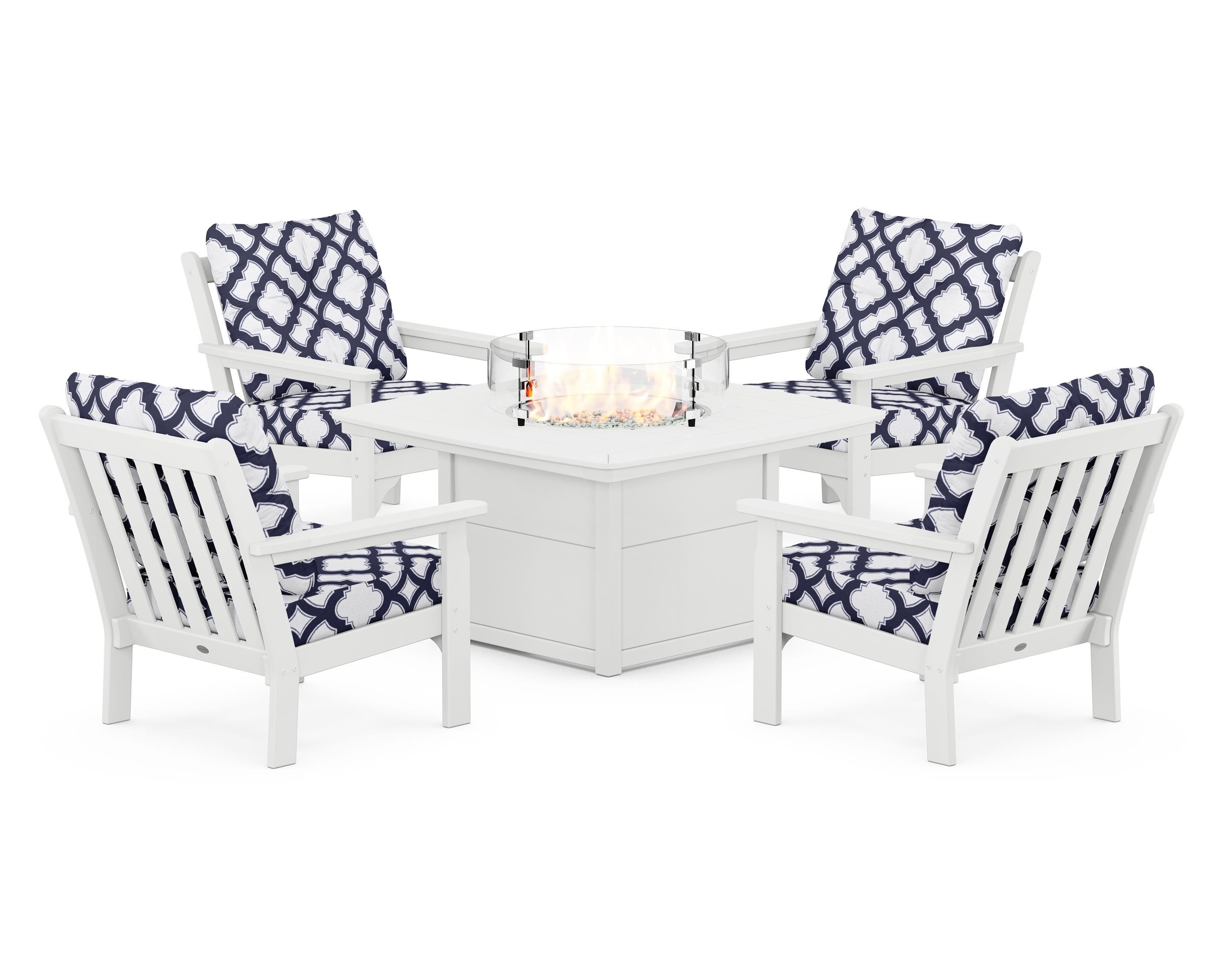 POLYWOOD® Vineyard 5-Piece Conversation Set with Fire Pit Table in White / Trellis Navy