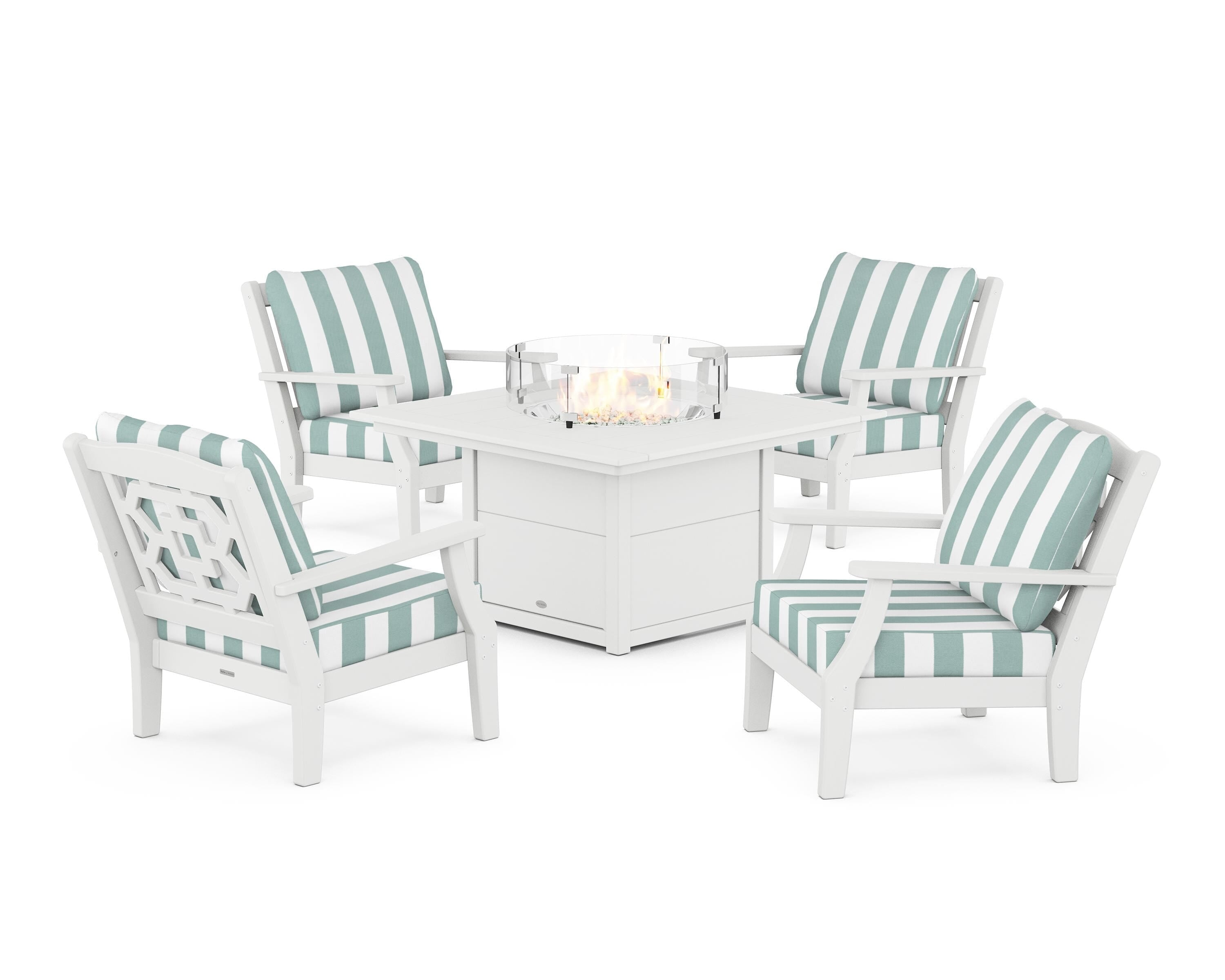 Martha Stewart by POLYWOOD® Chinoiserie 5-Piece Deep Seating Set with Fire Pit Table in White / Cabana Stripe Glacier Spa