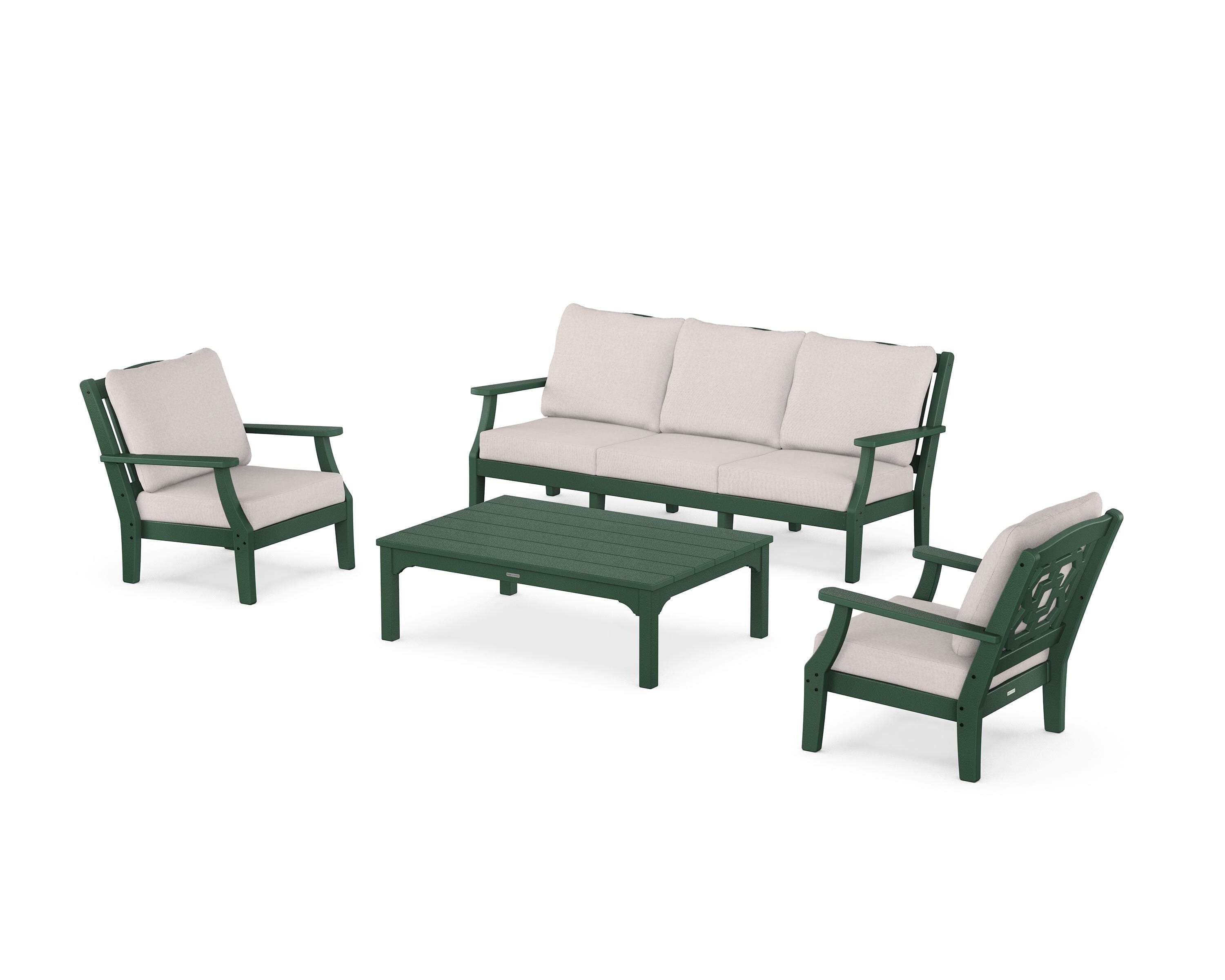 Martha Stewart by POLYWOOD® Chinoiserie 4-Piece Deep Seating Set with Sofa in Green / Dune Burlap