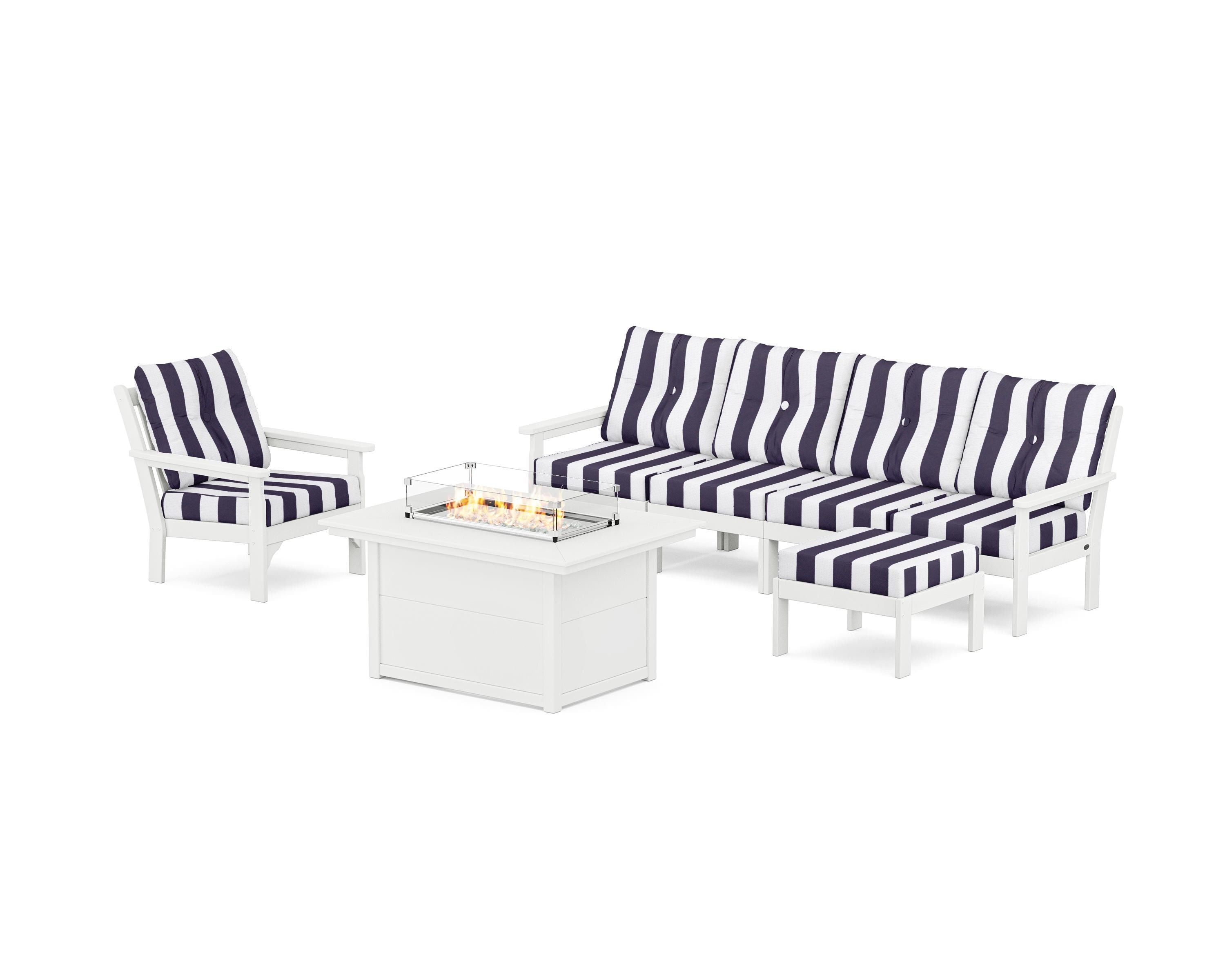 POLYWOOD® Vineyard Sectional Lounge and Fire Pit Set in White / Cabana Stripe Navy