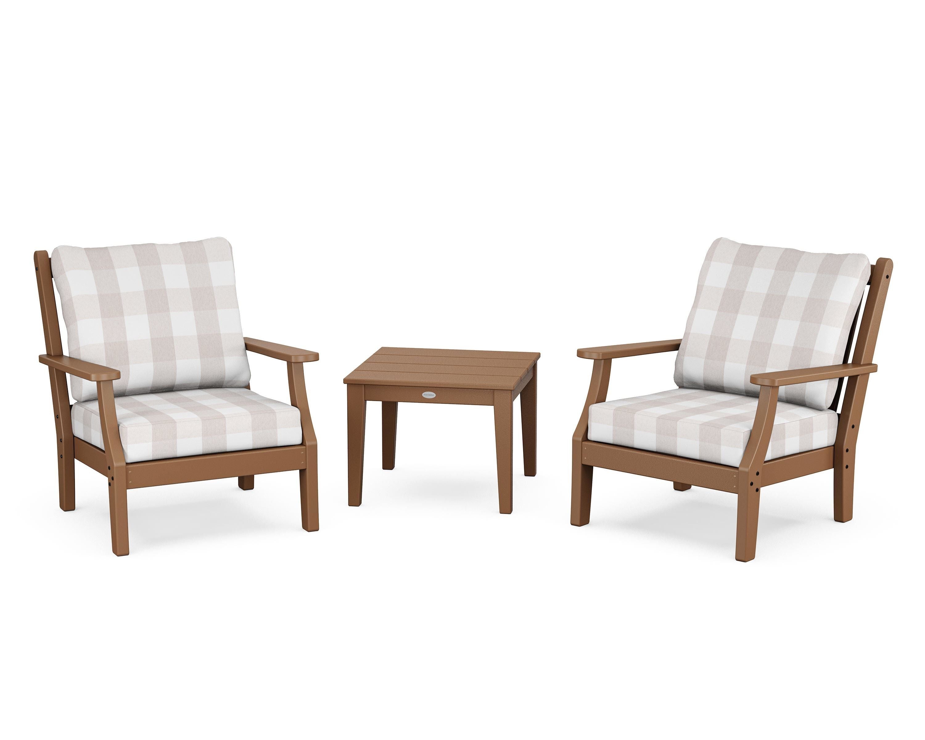 Country Living Wovendale 3-Piece Deep Seating Set in Teak / Buffalo Plaid Dune Burlap