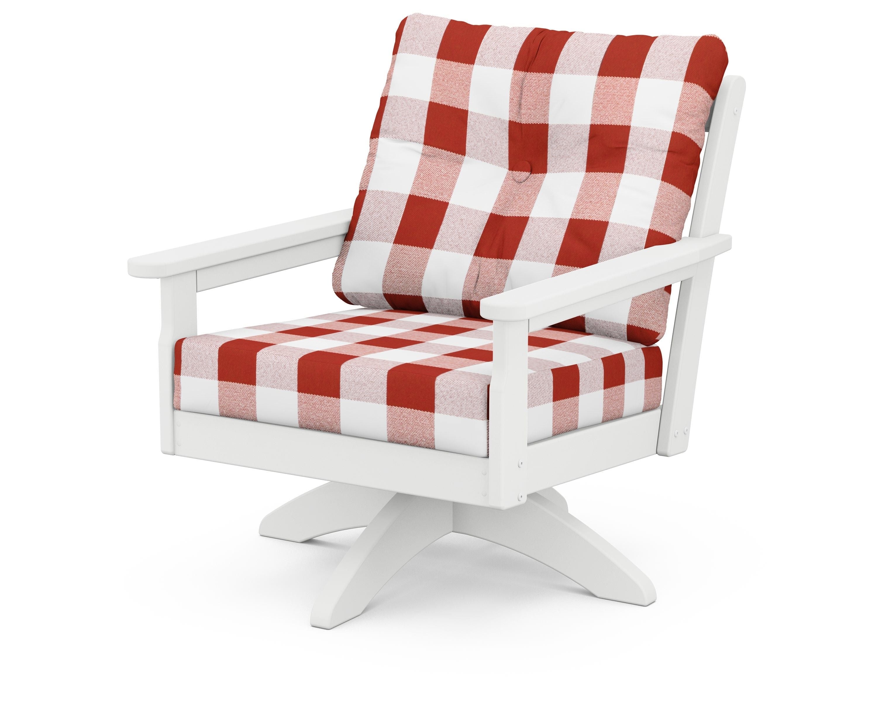 POLYWOOD® Vineyard Deep Seating Swivel Chair in White / Buffalo Plaid Crimson