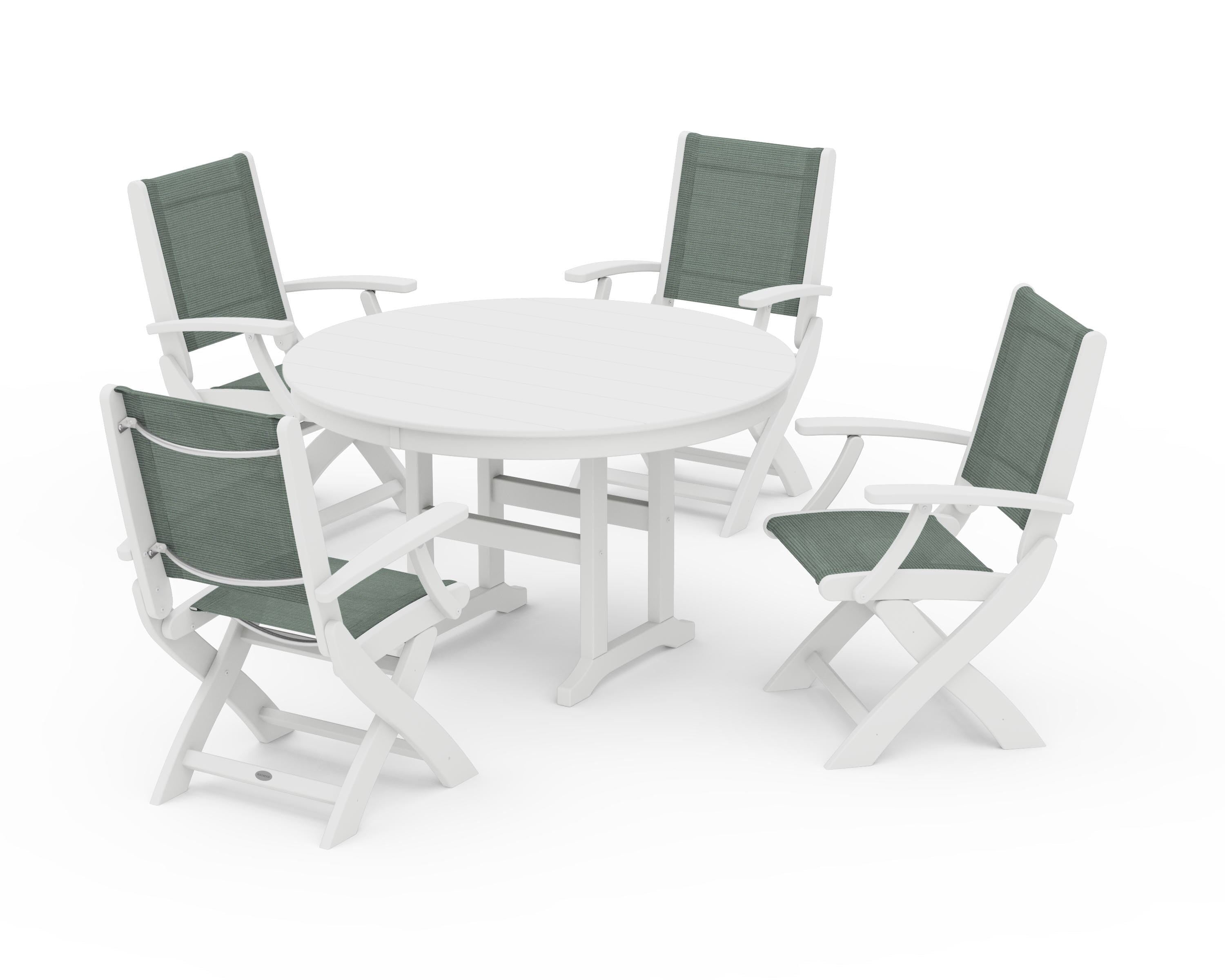 POLYWOOD® Coastal Folding Chair 5-Piece Round Dining Set in White / Dupioni Sea Mist Sling