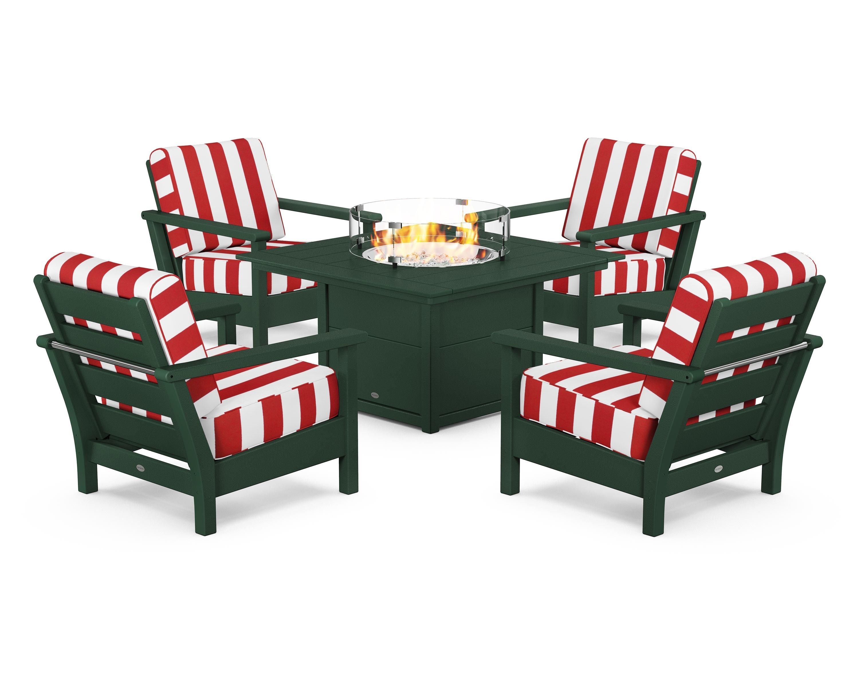 POLYWOOD® Harbour 5-Piece Conversation Set with Fire Pit Table in Green / Cabana Stripe Crimson