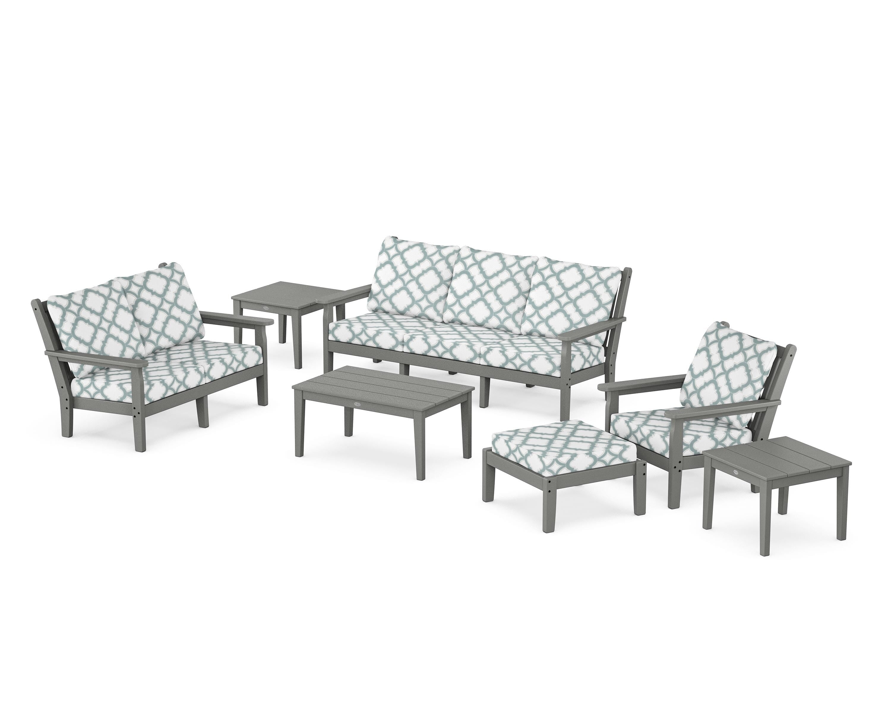 POLYWOOD® Chippendale 7-Piece Deep Seating Set in Slate Grey / Trellis Glacier Spa
