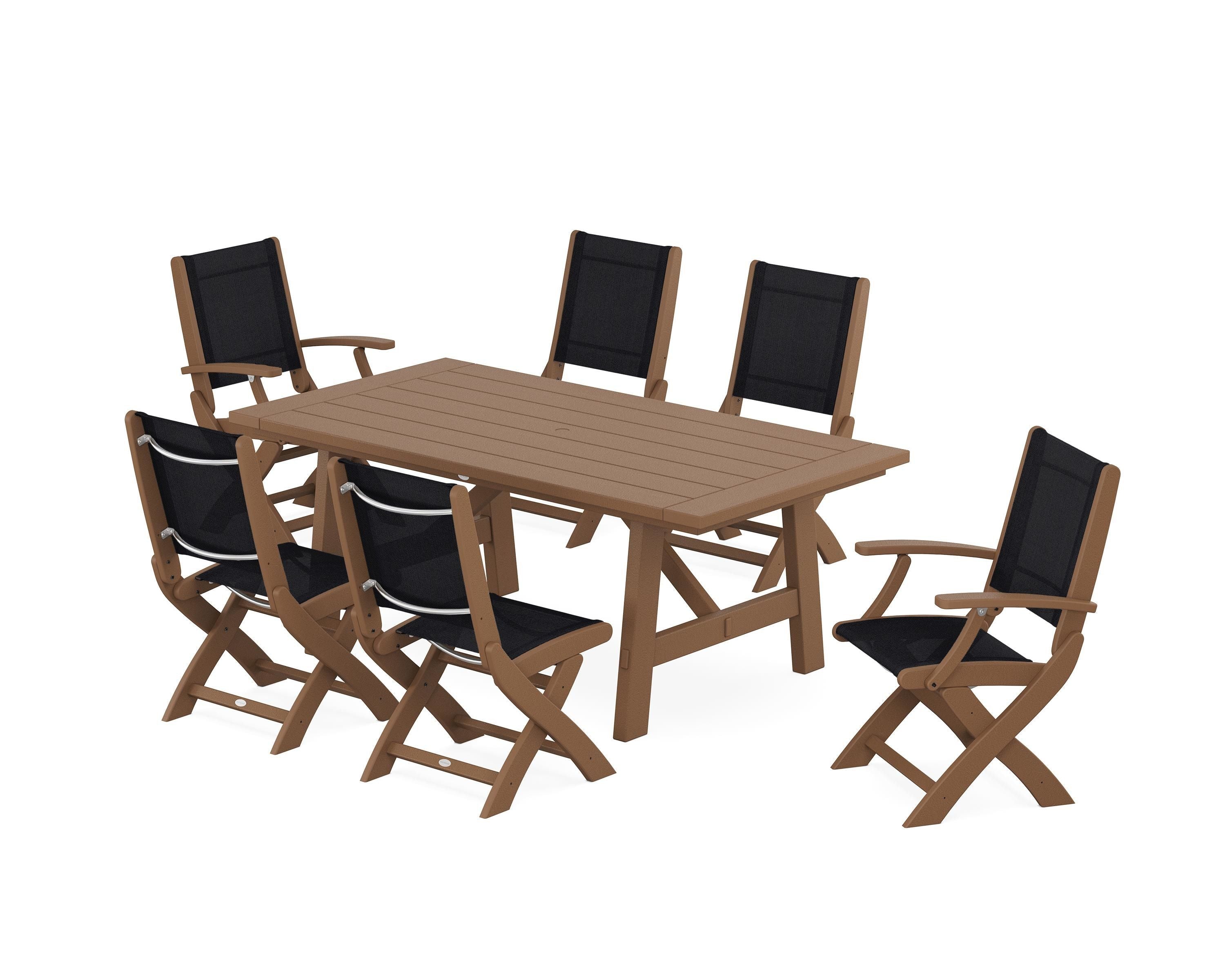 POLYWOOD® Coastal Folding Chair 7-Piece Rustic Farmhouse Dining Set in Teak / Black Sling