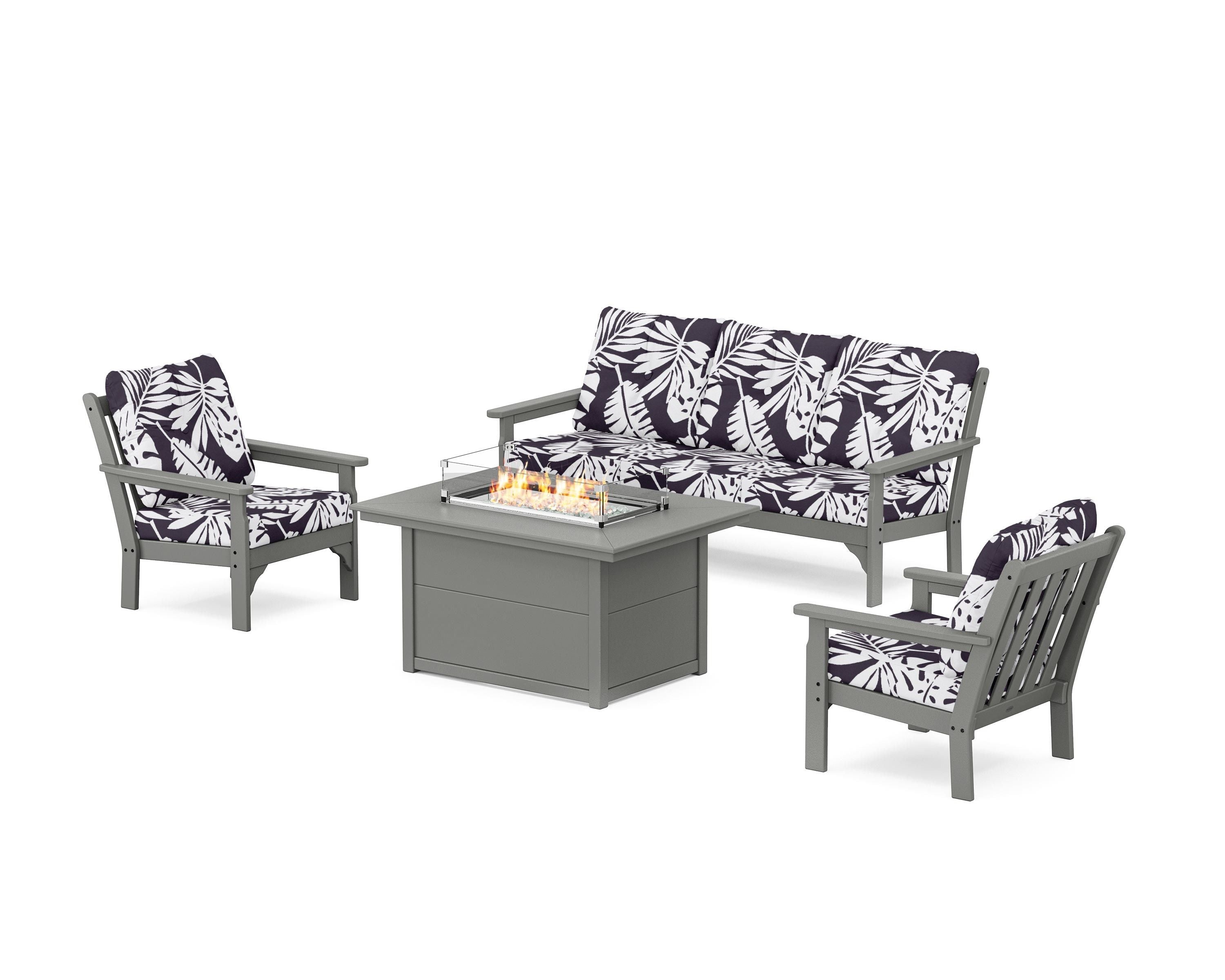 POLYWOOD® Vineyard Deep Seating Fire Pit Table Set in Slate Grey / Leaf Navy