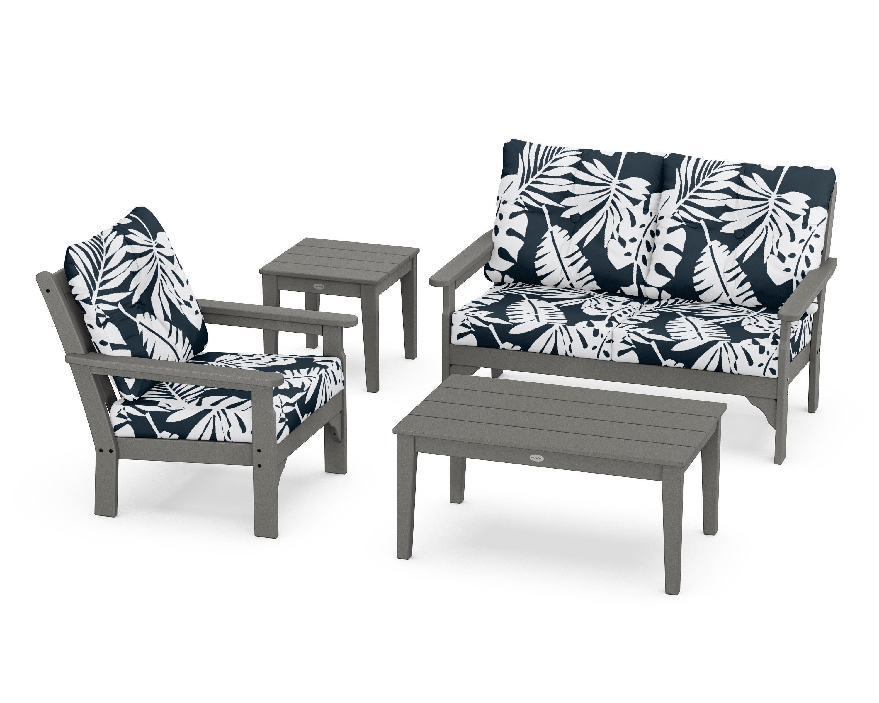 POLYWOOD® Vineyard 4-Piece Deep Seating Set in Slate Grey / Leaf Marine Indigo