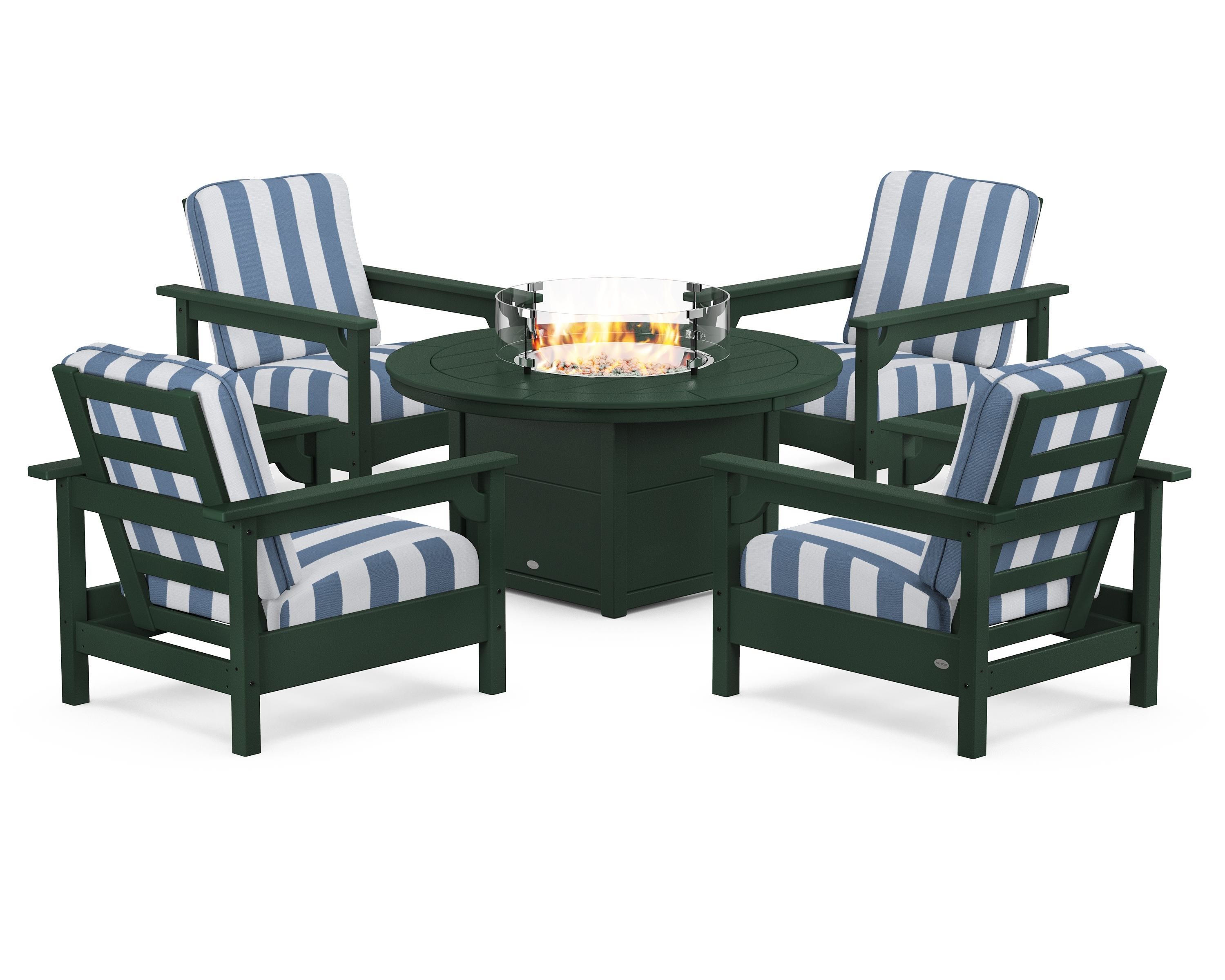 POLYWOOD® Club 5-Piece Conversation Set with Fire Pit Table in Green / Cabana Stripe Sky Blue
