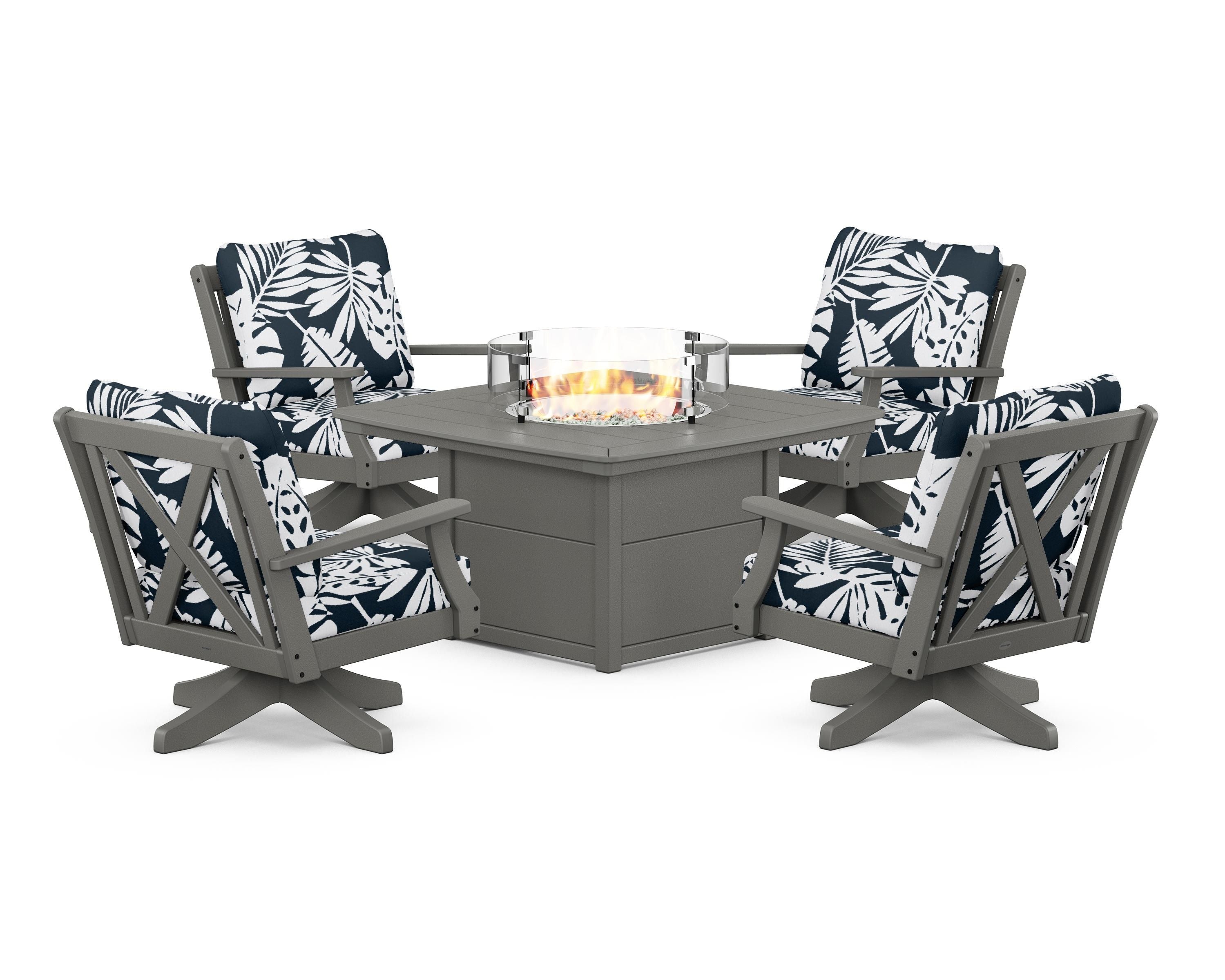 POLYWOOD® Braxton 5-Piece Deep Seating Swivel Conversation Set with Fire Pit Table in Slate Grey / Leaf Marine Indigo