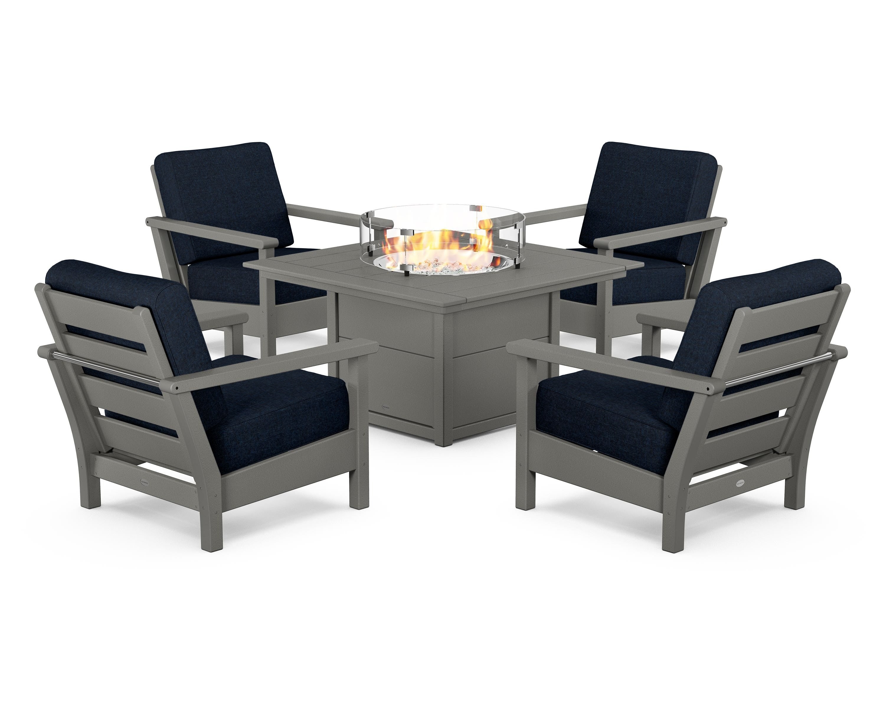 POLYWOOD® Harbour 5-Piece Conversation Set with Fire Pit Table in Slate Grey / Marine Indigo
